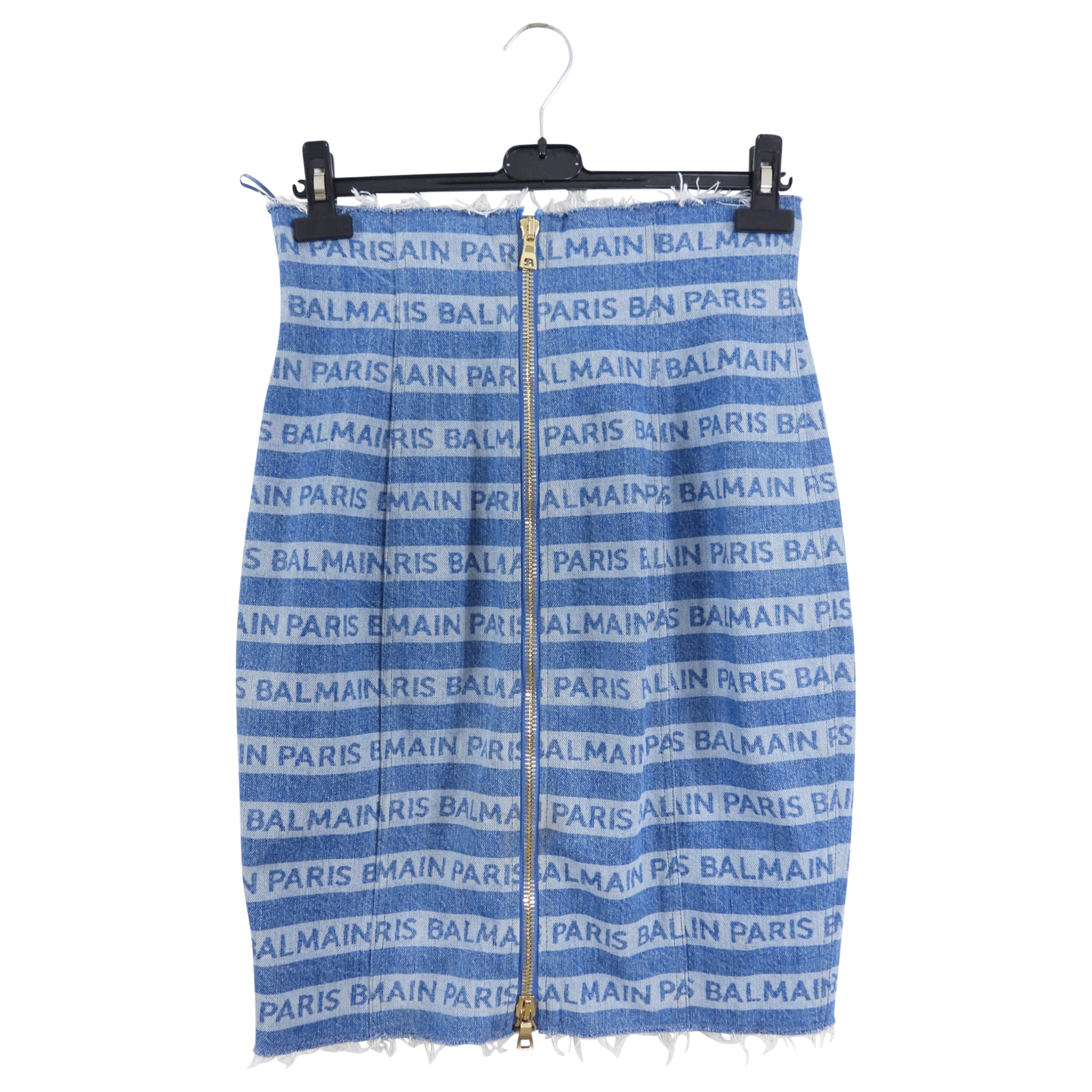 Balmain Paris Denim Logo Zipper Skirt - Women's High Waist Stretch Denim Pencil Skirt (Size FR40 / US 8) | Perfect for Office Wear, Night Out & Casual Chic Outfits