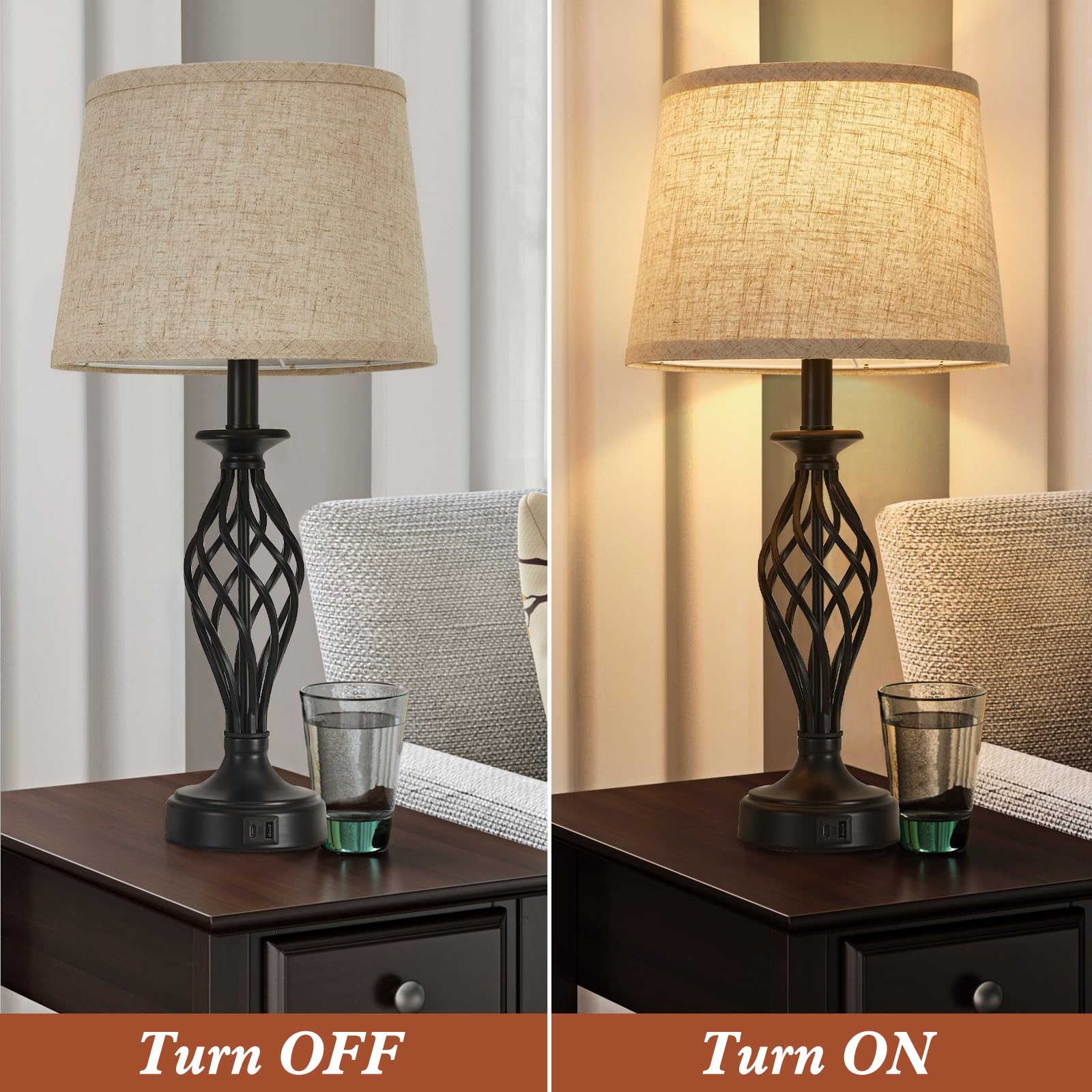 Modern Spiral Cage Table Lamp Set of 2 with USB C+A Ports - Bedside Nightstand Lamps with Fabric Shade & Included LED Bulbs for Bedroom, Living Room, Reading Nook - Black (Home Office Lighting, Guest Room Decor, Cozy Evening Ambience)