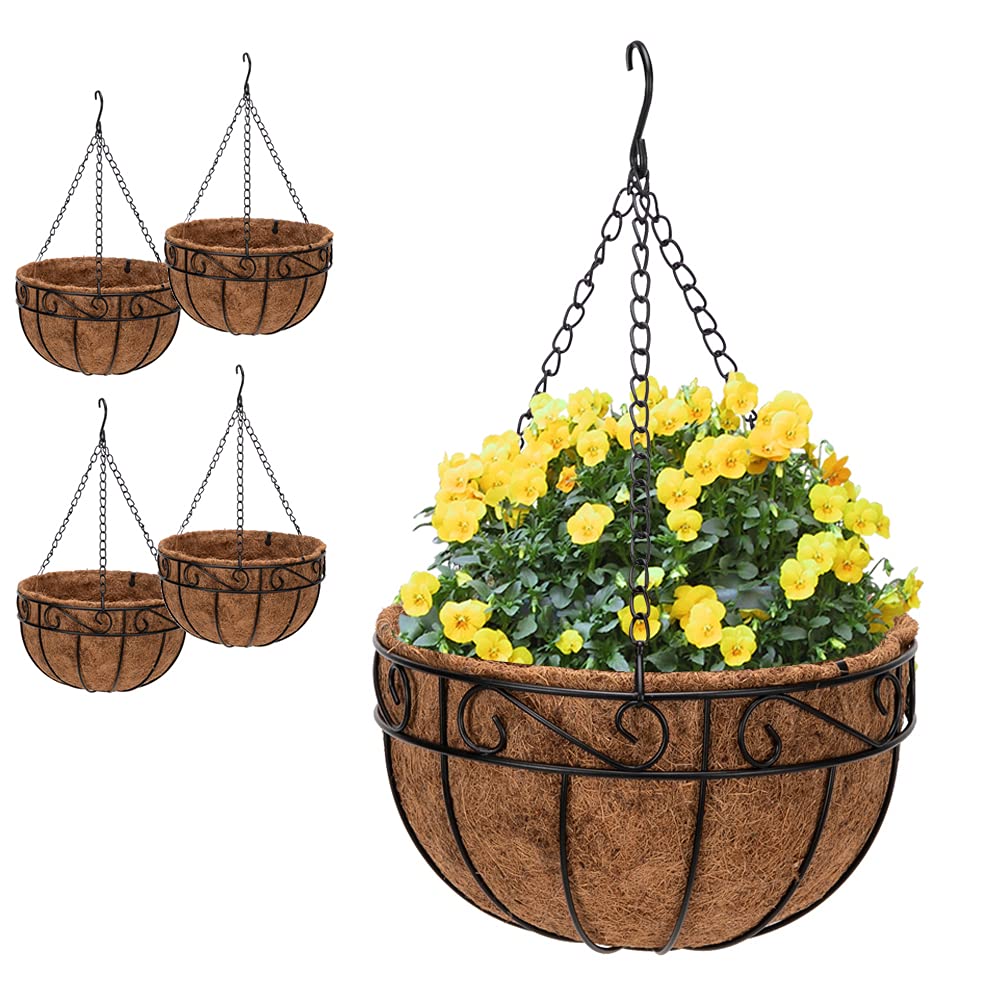 Autokola Hanging Planter Baskets - 14 Inch Round Wrought Iron Plant Hangers with Coconut Liner (Set of 4) - Black Painted, Moisture Absorbing, Less Watering - Includes Strong Chain Hook - Perfect for Indoor/Outdoor Gardens, Patios, Balconies & Home Decor