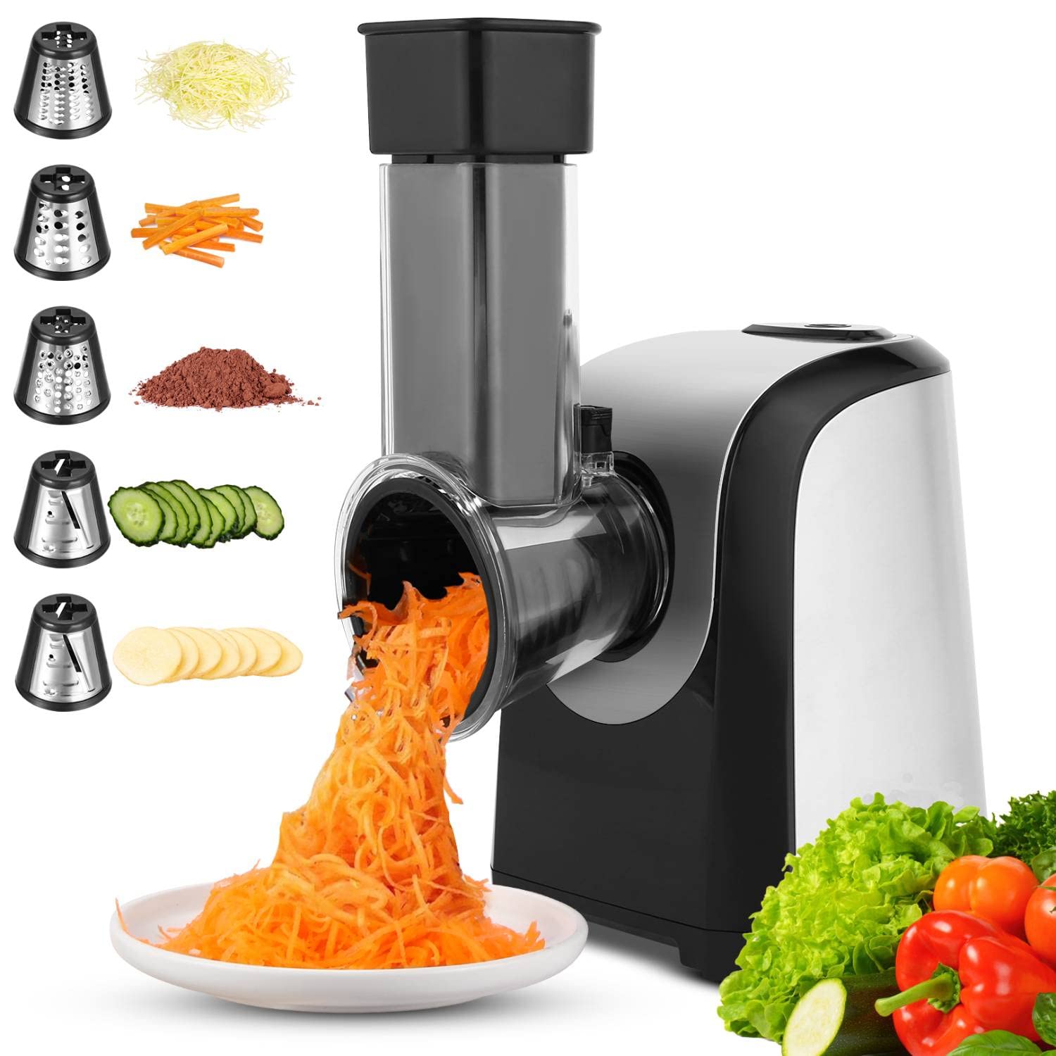 5-in-1 Electric Cheese Grater & Vegetable Slicer - 150W Professional Rotary Grater for Cheese, Carrots, Salad, Broccoli Slaw & Fruits | Perfect for Kitchen Prep, Meal Prepping & Healthy Cooking