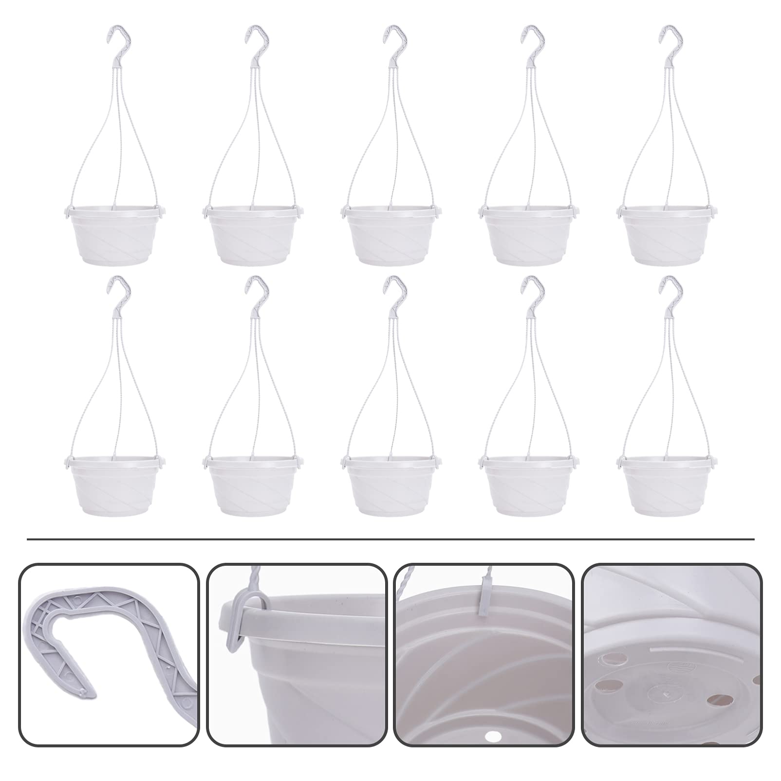 Yardwe 10-Pack White Plastic Hanging Planters with Hooks - Indoor/Outdoor Hanging Flower Pots for Fences, Balconies & Gardens - Perfect for Herbs, Succulents & Decorative Plants