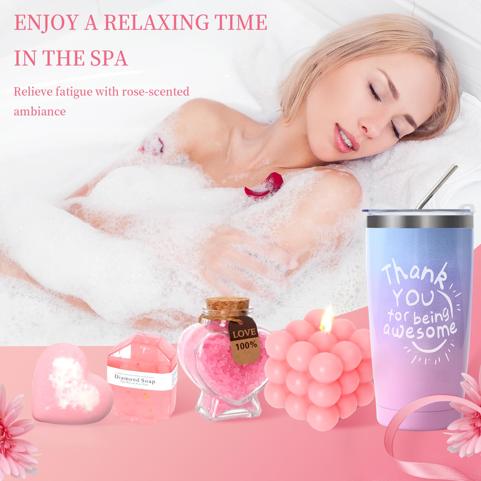 Luxury Pink Rose Spa Gift Basket Set - Unique Birthday Gifts for Women, Perfect Present for Mom, Wife, Sister & Girlfriend | Thank You Gifts for Her | Relaxation & Self-Care Gift Idea