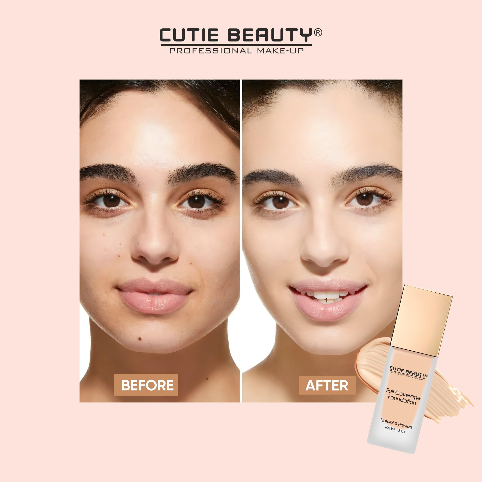Cutie Beauty Professional Full Coverage Foundation - Natural & Flawless Finish, Long-Lasting, Oil-Free (Beige) | Perfect for Daily Wear, Special Occasions & Photography
