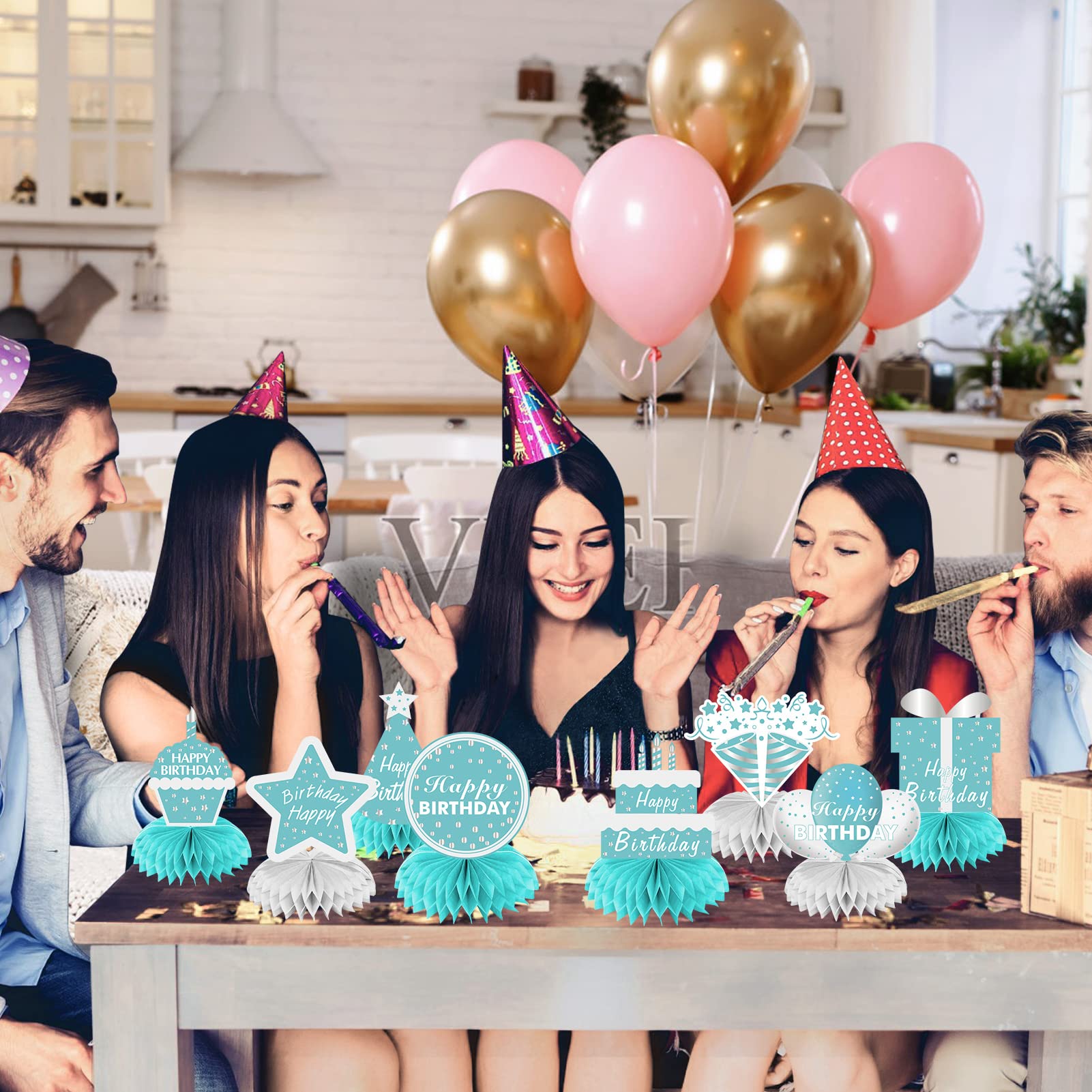 8pcs Teal Blue Birthday Party Decorations - Honeycomb Centerpieces for Women & Girls, Table Toppers & Party Supplies | Perfect for Birthday Breakfast, Baby Showers & Bridal Showers