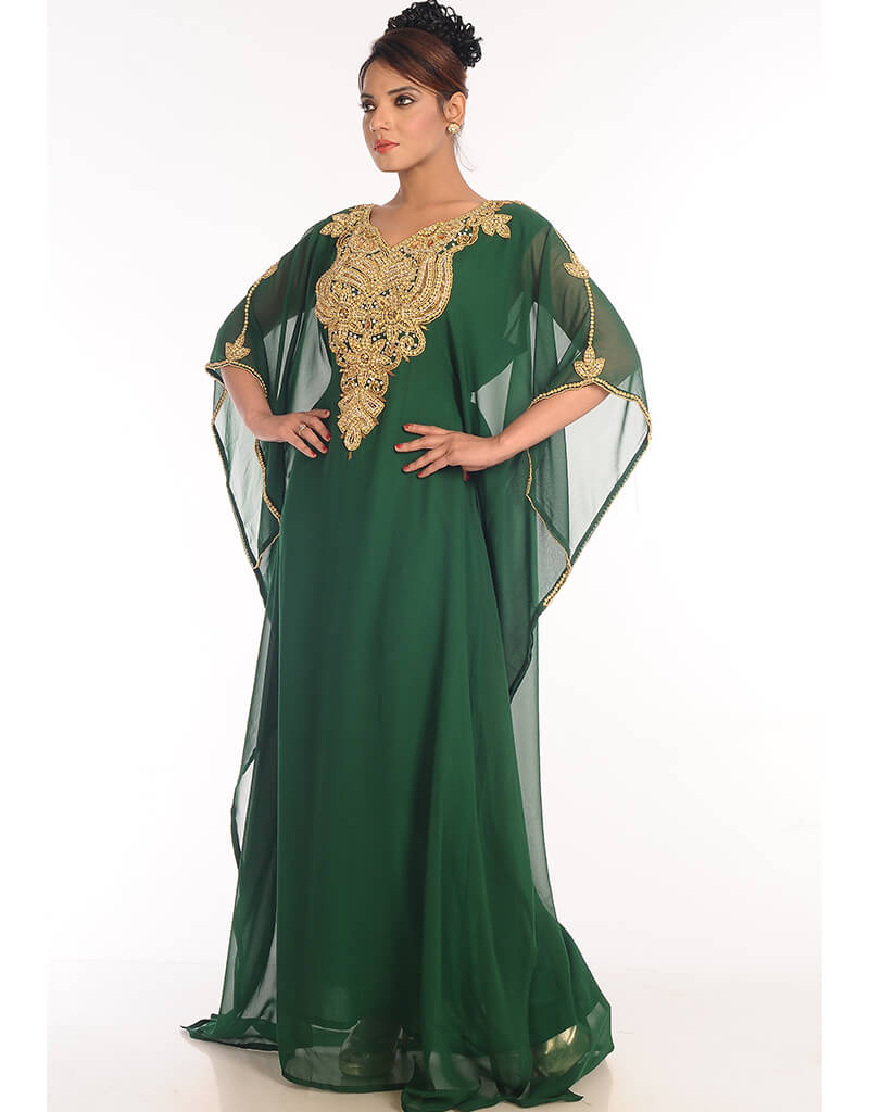 Elegant Arabic Bottle Green Georgette Kaftan with Hand Embroidery - Perfect for Parties, Weddings & Special Occasions