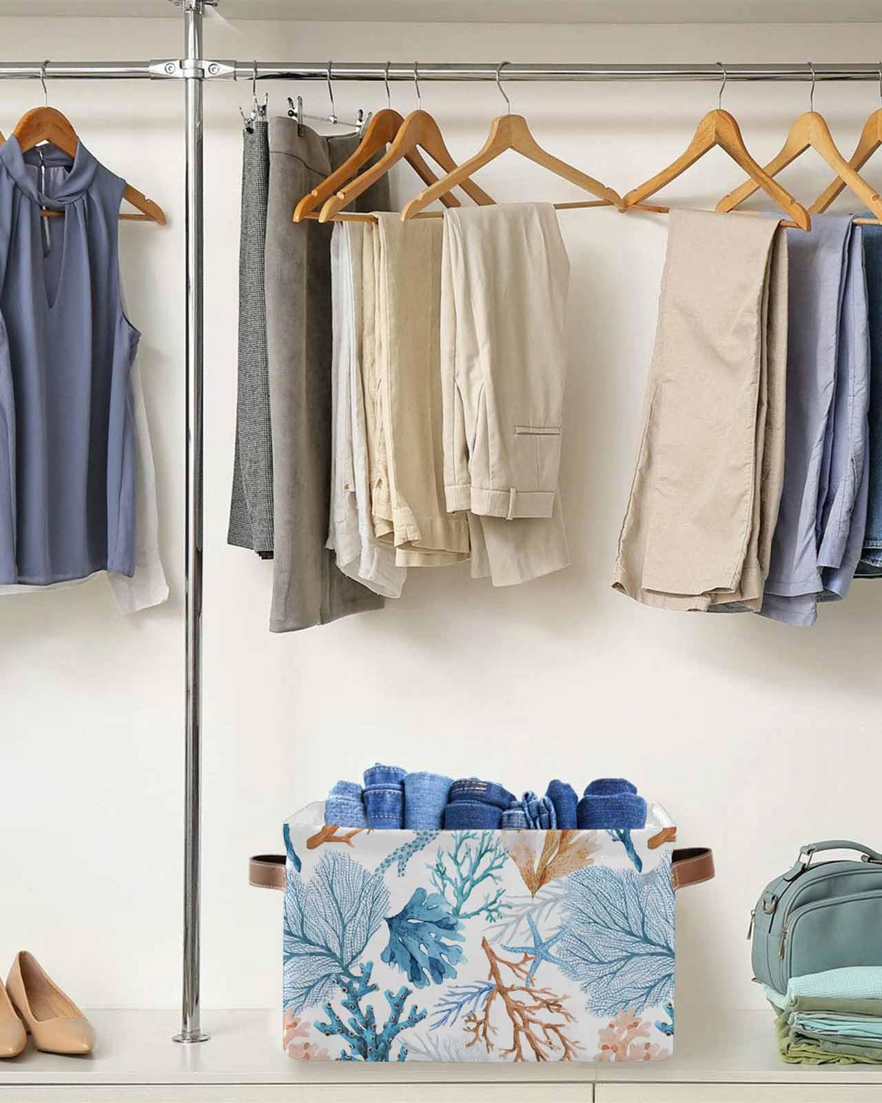 Large Collapsible Storage Bins with Handles - Summer Ocean Blue Coral Seamless Storage Baskets, Starfish Marine Life Cube Organizers for Shelves, Closet, Nursery | Perfect for Home Organization, Kids' Room & Beach-Themed Decor