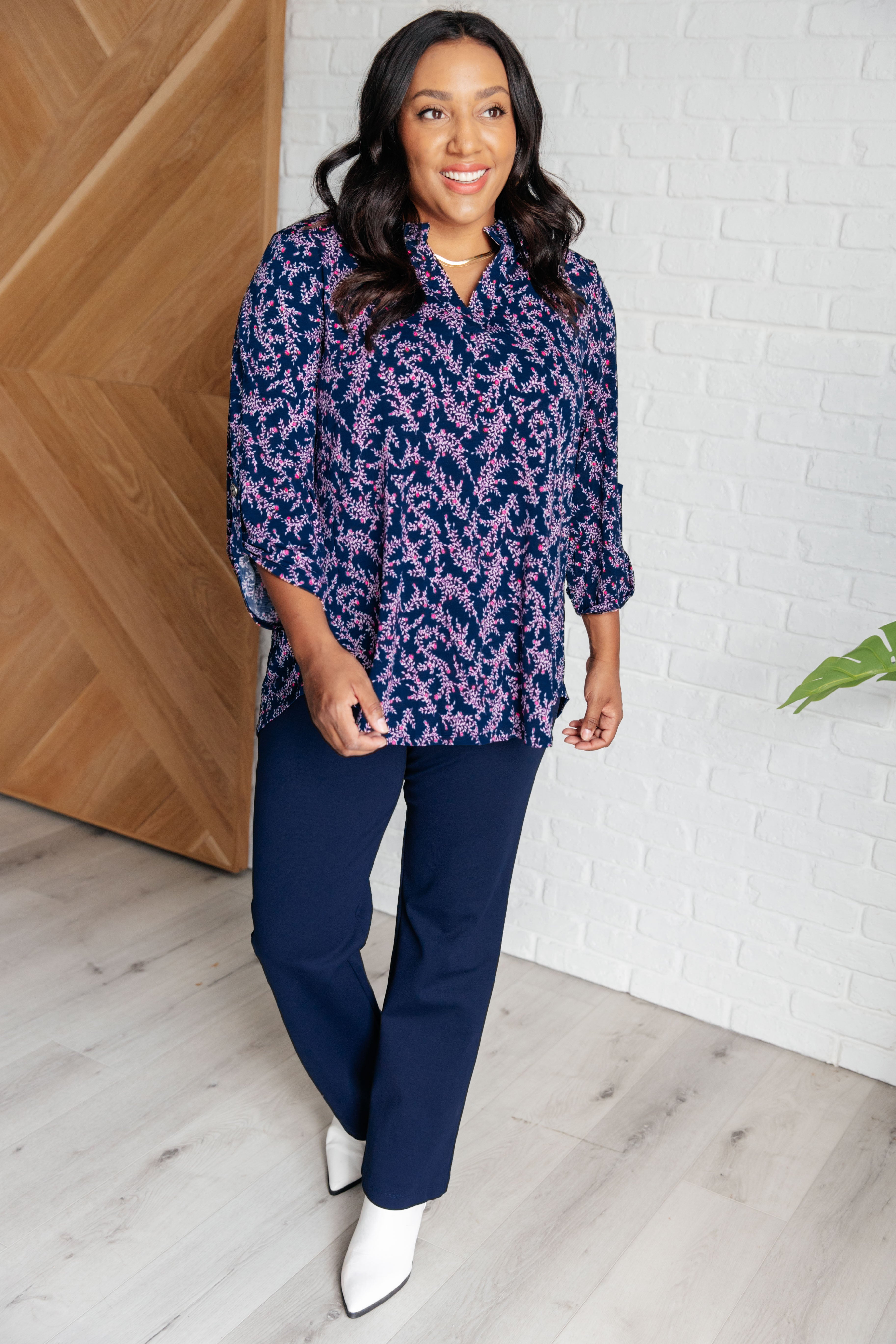 Lizzy Top - Navy & Magenta Petite Floral Print Women's Blouse | Casual Wear, Office Outfit, Date Night Fashion