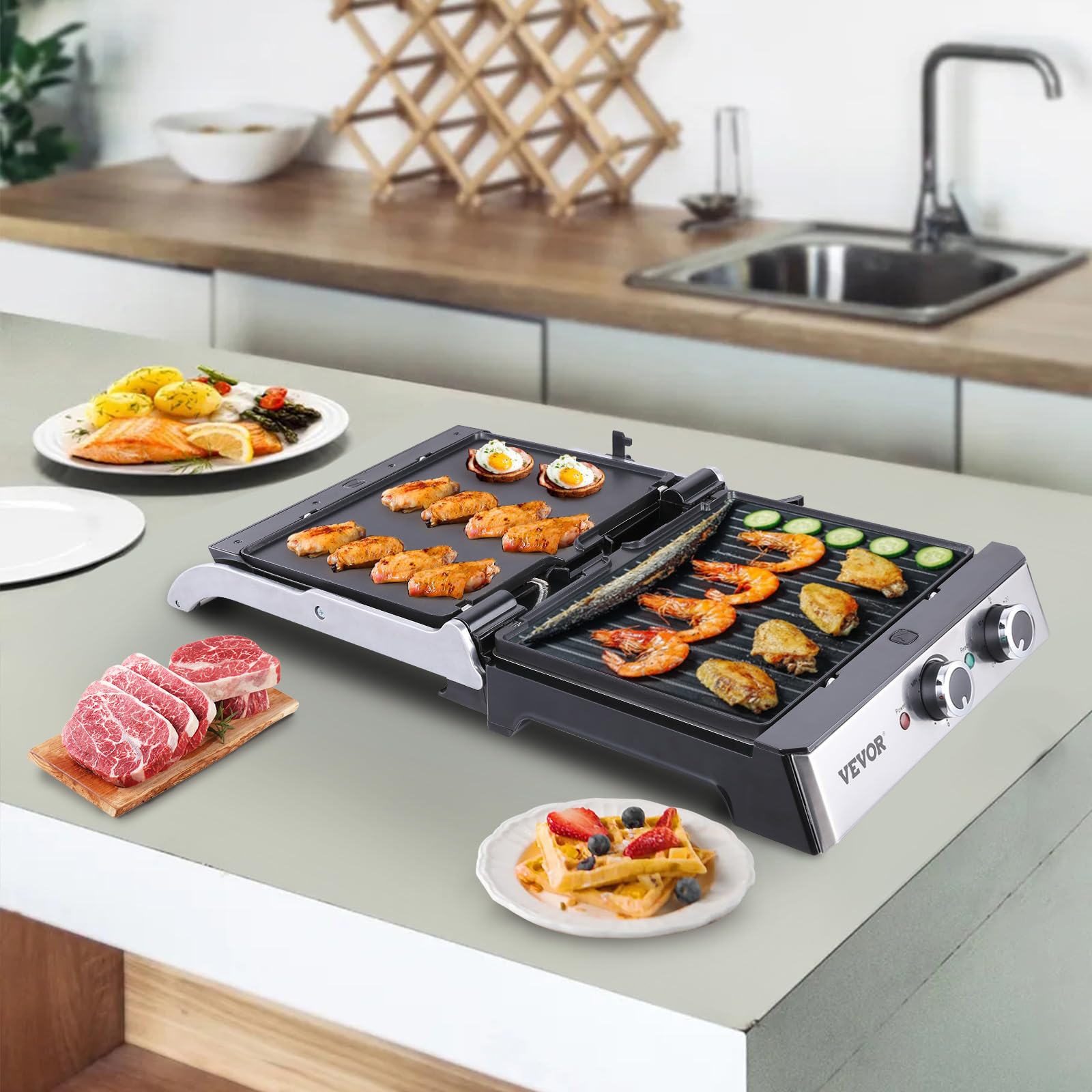 VEVOR 1500W Electric Panini Press Grill - Non-Stick Reversible Plates, Adjustable Temp (0-446°F), Timer - Perfect for Sandwiches, Burgers & Indoor Grilling | 120V Countertop Sandwich Maker for Home & Restaurants