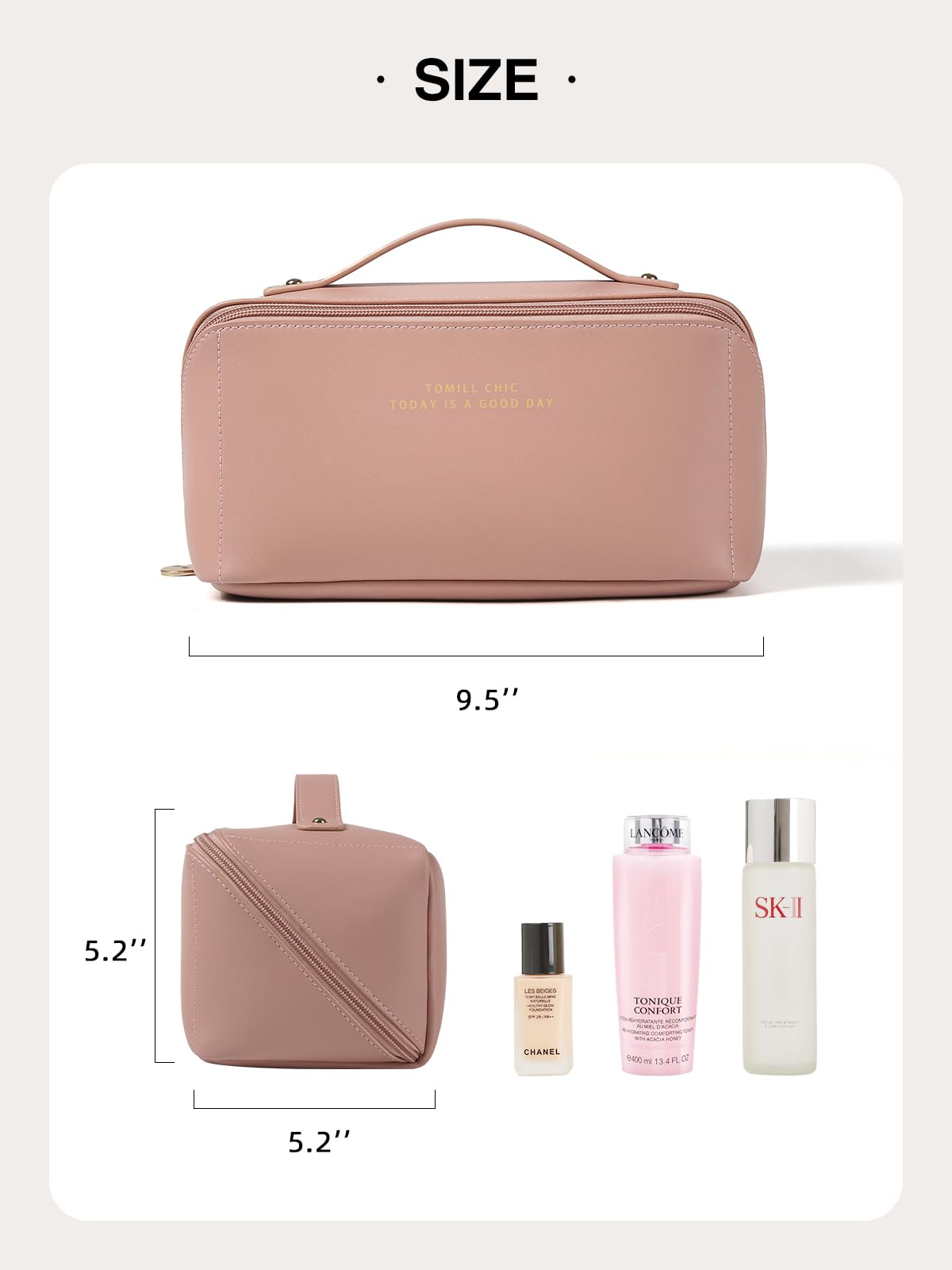TOMILL Large Leather Makeup Bag for Women - Waterproof Travel Cosmetic Organizer (9.5x5.2x5.2 inches) - Perfect for Toiletries, Cosmetics & Accessories | Portable Wide-Open Design | Ideal for Travel, Gym & Daily Use | A-Pink Sweetness Collection