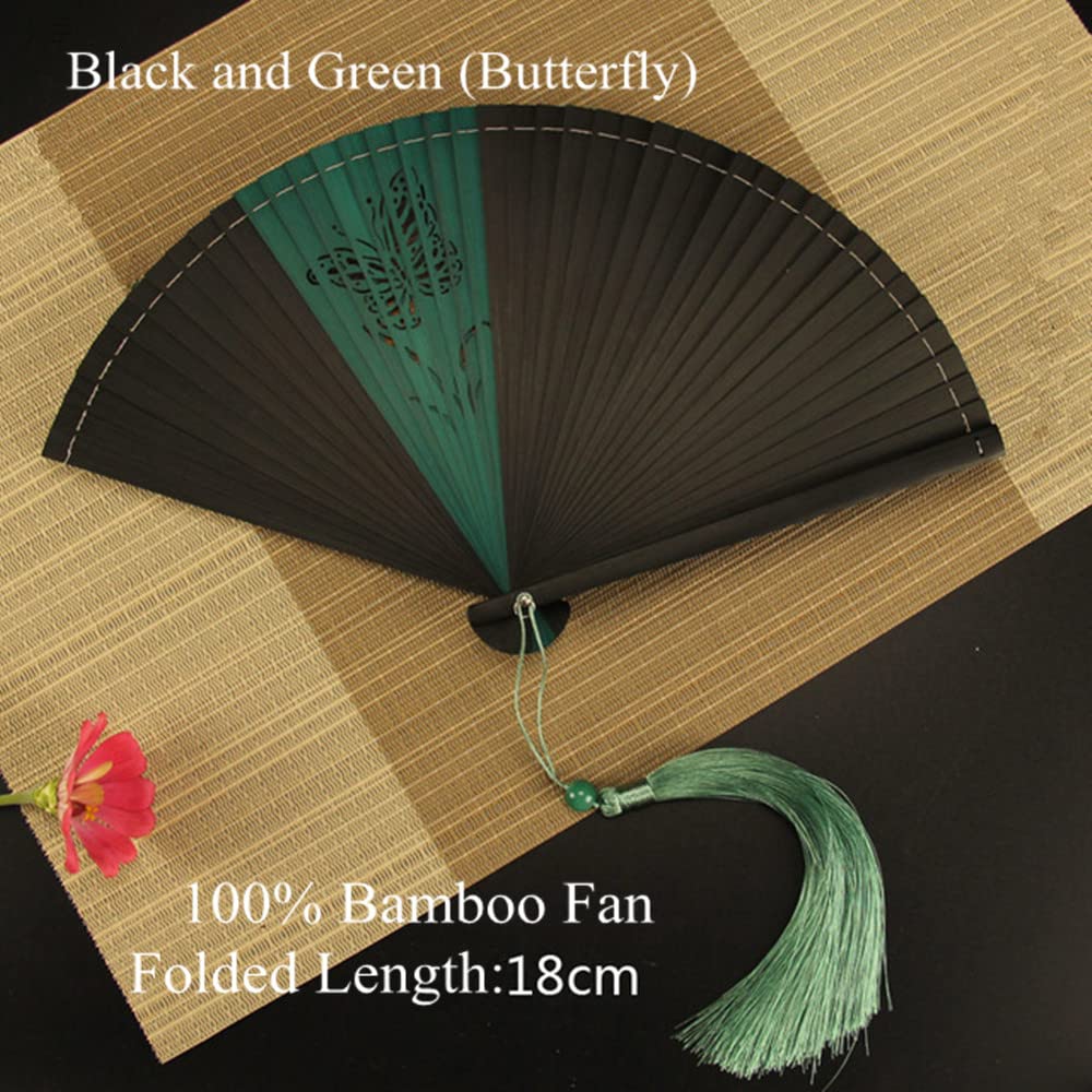 Full Bamboo Hand Fan - Foldable Wedding Fan with Tassel, 100% Bamboo Frame - Chinese & Japanese Style Decorative Handheld Fan - Perfect Gift for Friends (Black & Green) - Ideal for Weddings, Tea Ceremonies, Cosplay & Summer Cooling