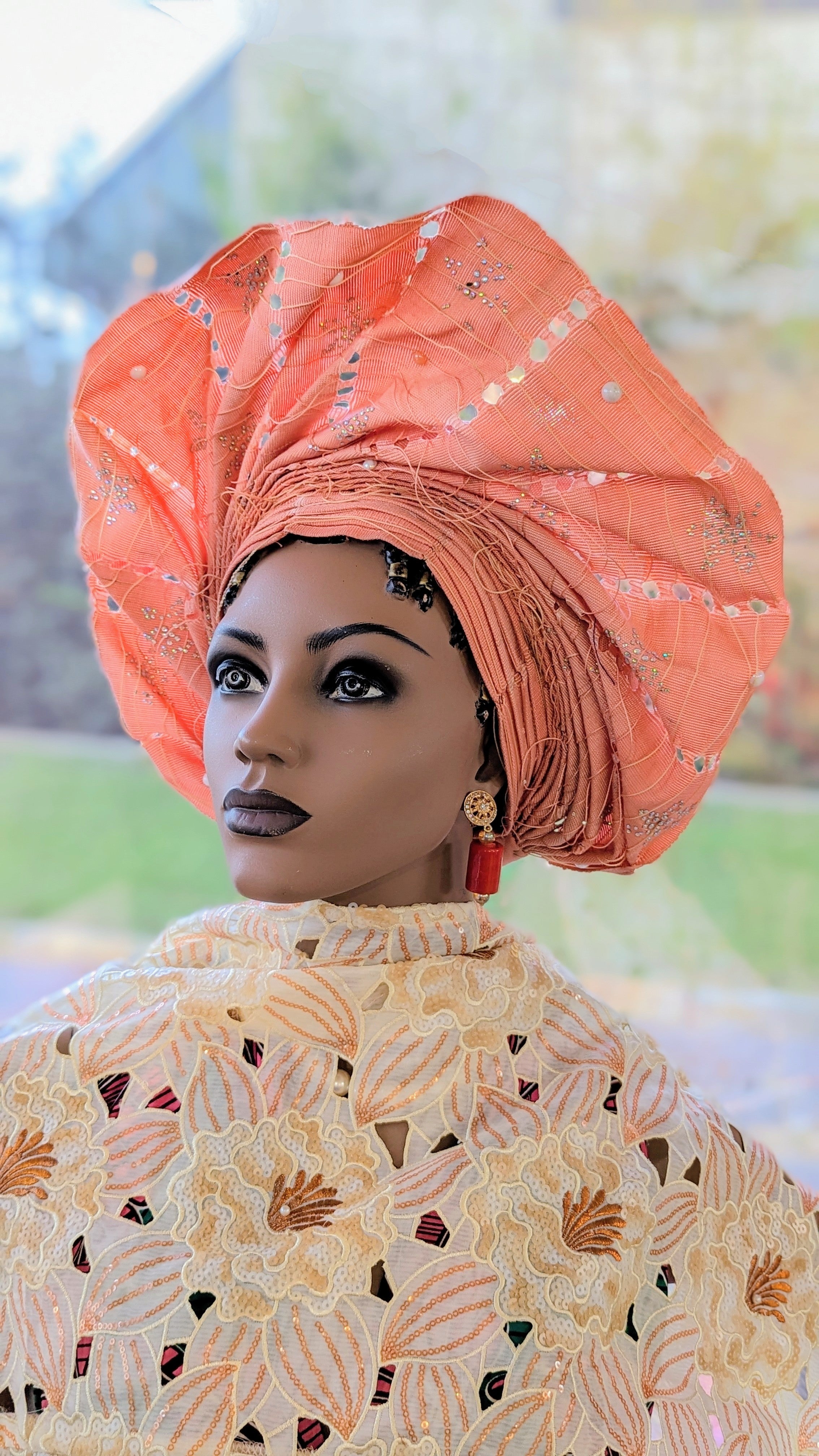Bimmi Peach Onjawu Aso Oke African Head Wrap - Pre-Tied Autogele Headscarf for Women | Perfect for Weddings, Church & Cultural Events