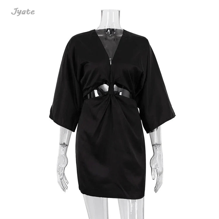 Flare Sleeve Satin Summer Dress for Women - Deep V Neck Hollow Out Party Club Dress, Slim Beach Dress for Night Out, Vacation, and Special Occasions