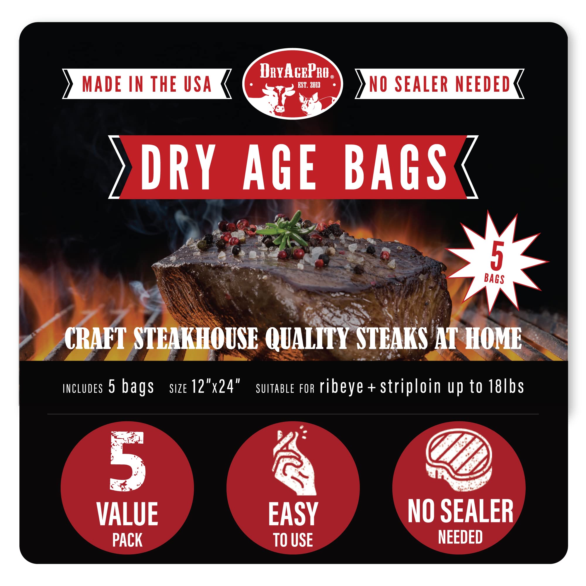 DryAgePro® Dry Age Bags for Meat - 12” x 24” Steak Aging Bags for Ribeye & Striploin (Up to 18 lbs) | Pack of 5 | No Vacuum Sealer Needed | Easy-to-Use Beef Aging Kit | Perfect for Home Chefs & Steak Lovers