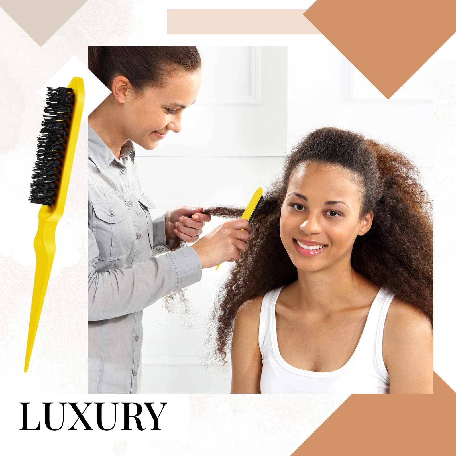Geiserailie 3-Piece Slick Back Hair Brush Set - Natural Bristle Brush & Edge Control Teasing Comb for Women's Black Hair (Yellow) | Perfect for Salon Styling, Home Hair Care & Professional Edge Taming