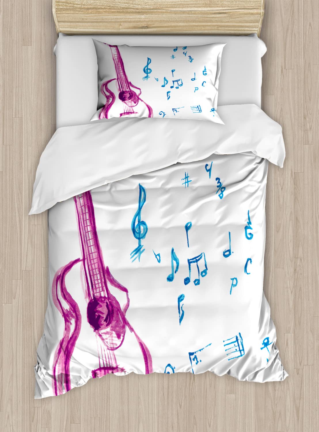 Ambesonne Guitar Duvet Cover Set - Queen Size 2-Pack with 2 Duvet Covers & 4 Pillowcases | Watercolor Musical Instrument Design with Music Notes & Brush Stroke Effect in Magenta Blue White | Perfect for Musicians, Music Lovers & Unique Bedroom Decor