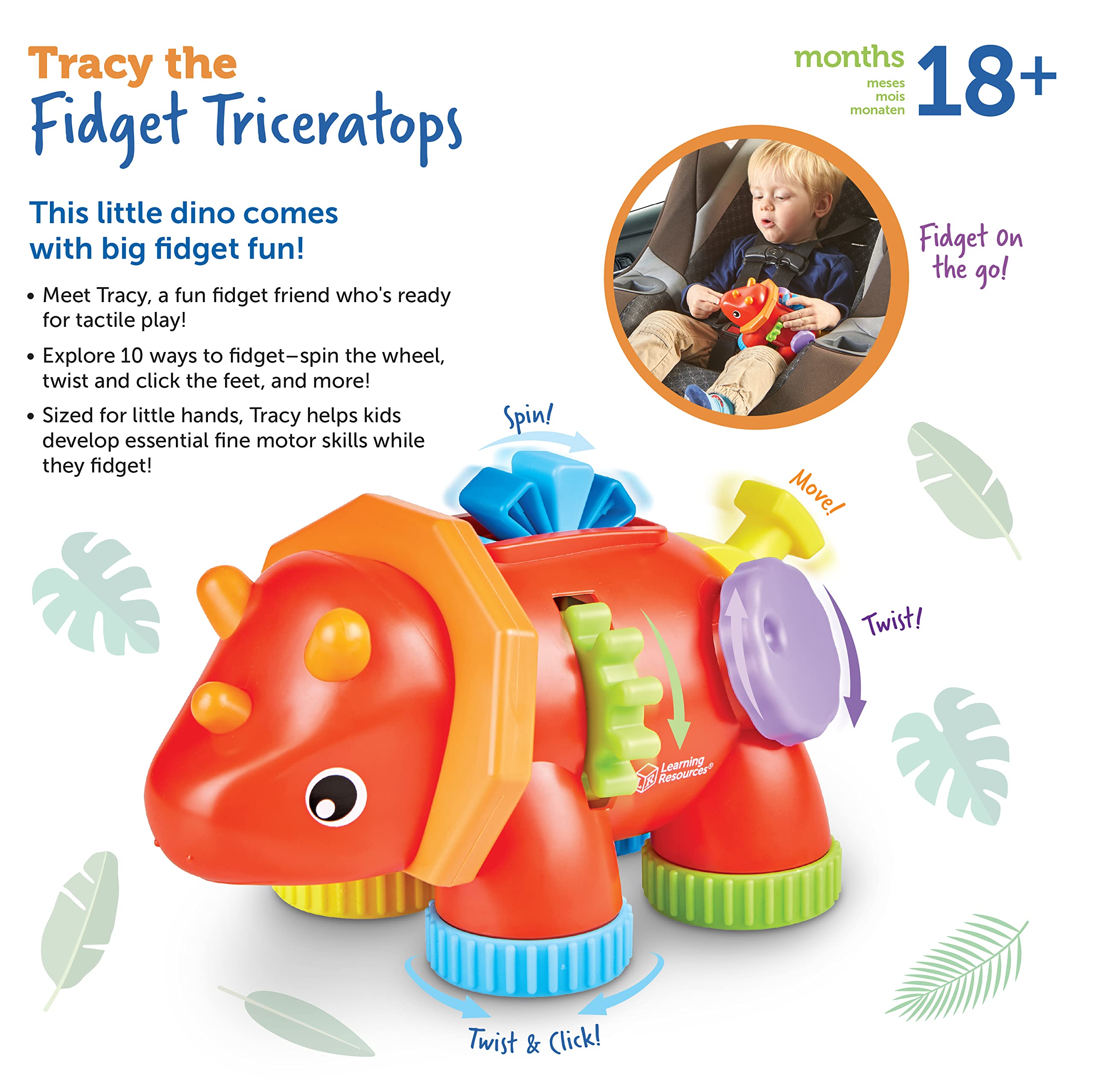 Learning Resources Tracy The Fidget Triceratops - Dinosaur Sensory Toys for Toddlers & Kids, Anxiety Relief Fidget Toy, Autism & ADHD Stress Relief, Travel & Classroom Sensory Toys for Children (Great for Home, School & Car Rides)
