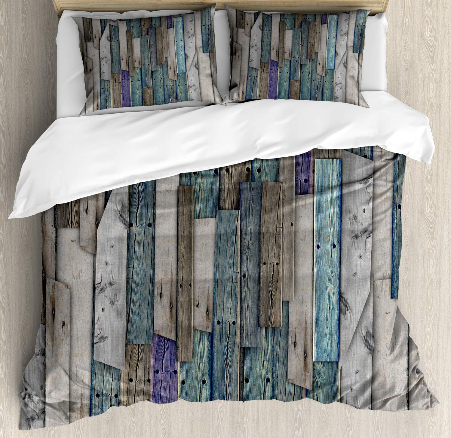 Ambesonne Rustic Duvet Cover Set - Blue Grey Wood Plank Design with Barn Door Nails, 3-Piece Country Style Bedding (California King) | Perfect for Farmhouse, Cottage & Vintage Home Decor | Includes 2 Pillow Shams in Umber Pale Teal Plum
