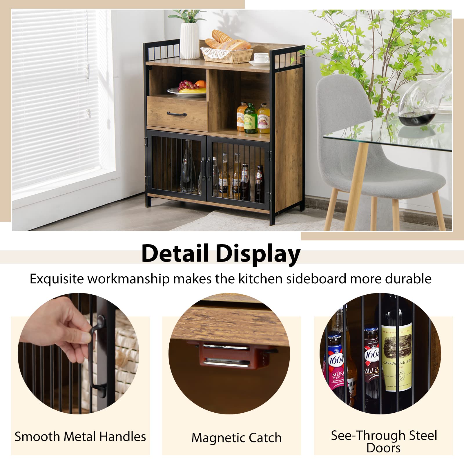 Giantex Buffet Cabinet with Storage - 2 Door Kitchen Sideboard with Drawer & Wood Shelves, Metal Frame Industrial Cupboard for Utensil & Tableware Organization - Perfect for Dining Room, Kitchen Storage & Home Decor