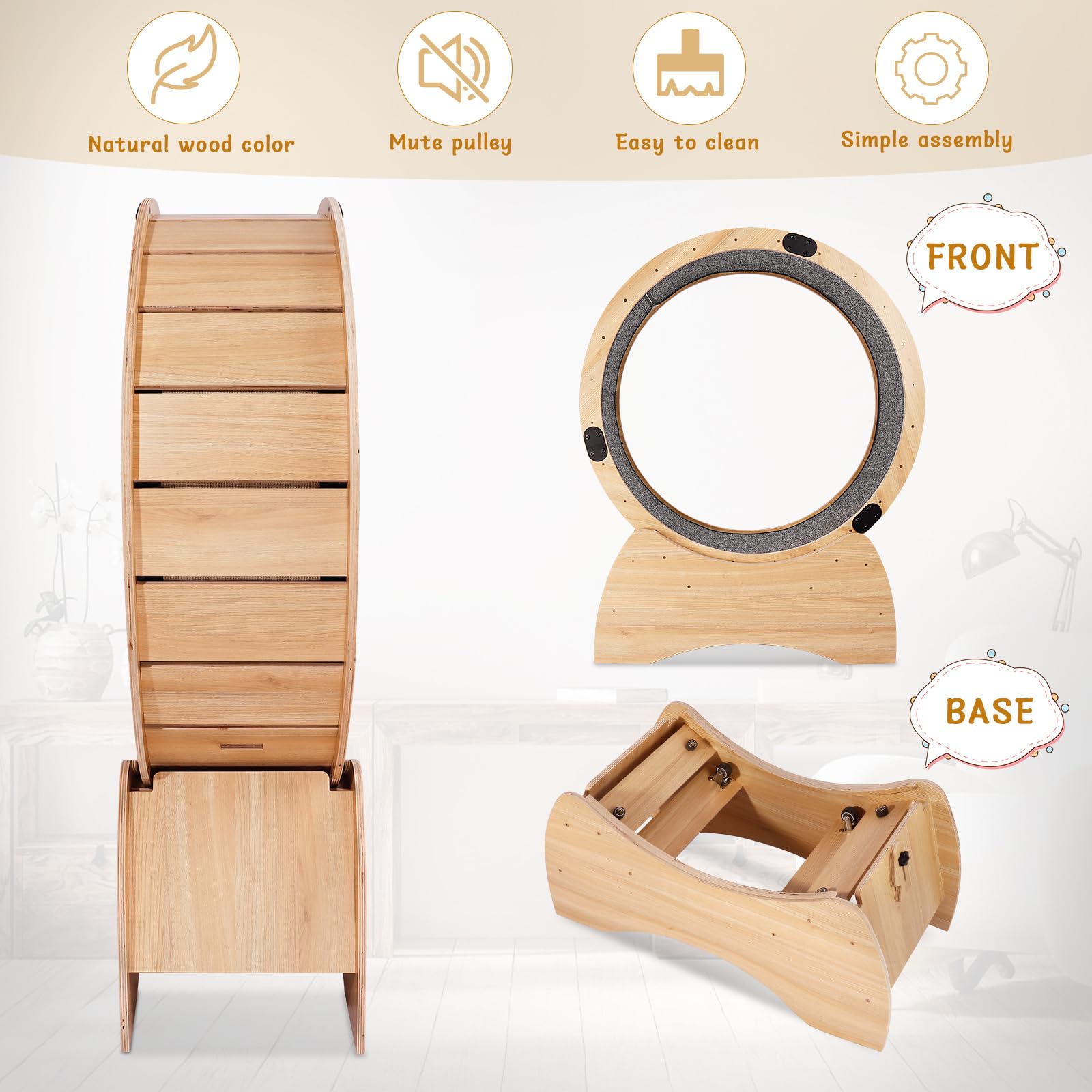 Premium Solid Wood Cat Exercise Wheel - Natural Oak Pet Running Wheel for Weight Loss & Daily Fitness - Fun Spinning & Scratching Activity Toy for Indoor Cats