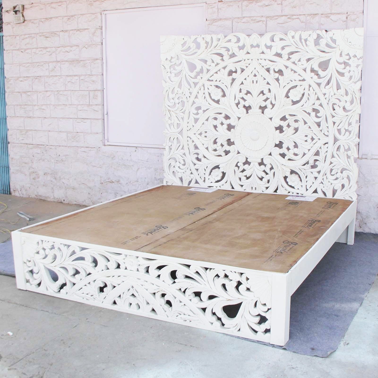 Hand Carved Indian Solid Wooden Amani Bed Frame - Queen Size White - Elegant Boho Bedroom Furniture for Master Bedroom or Guest Room