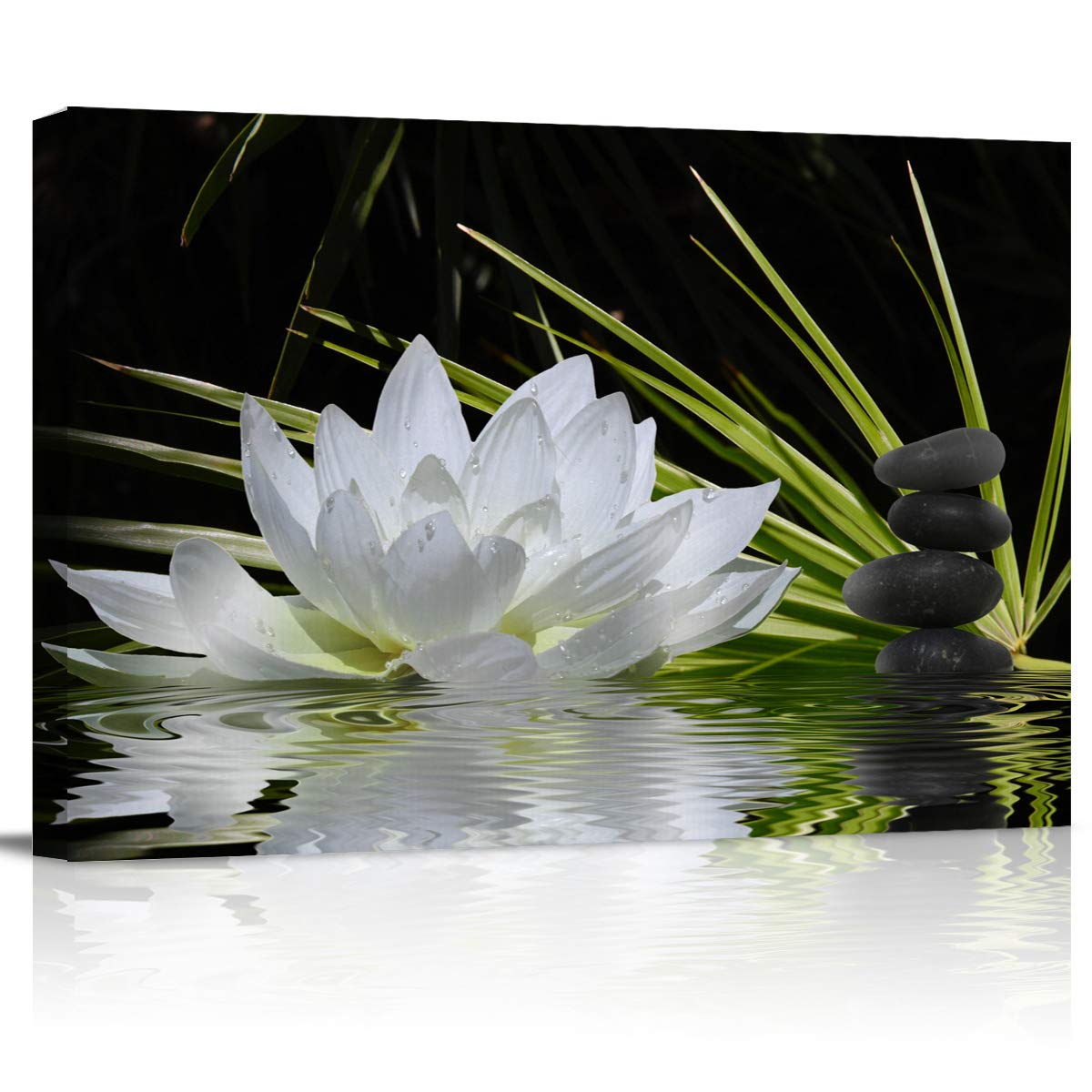 Modern White Lotus & Black Zen Stones Canvas Wall Art - 12x16 Inch Stretched Framed Ready to Hang - Giclee Print Gallery Decor for Living Room, Bedroom & Office