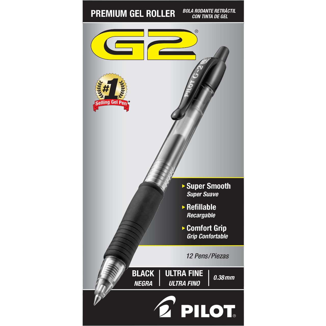 Pilot G2 Premium Gel Roller Pens - Ultra Fine 0.38mm Point (12-Pack, Black) | Smooth Writing for Office, School & Note Taking