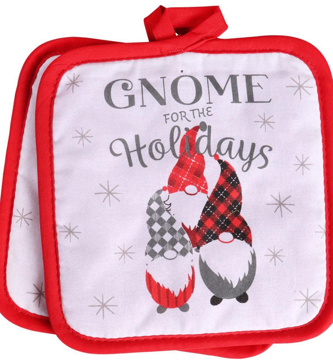 Festive Gnome Christmas Kitchen Linen Set - 1 Oven Mitt, 2 Pot Holders & 2 Dish Towels - Holiday Decor & Baking Essentials for Cozy Home Cooking & Gift Giving