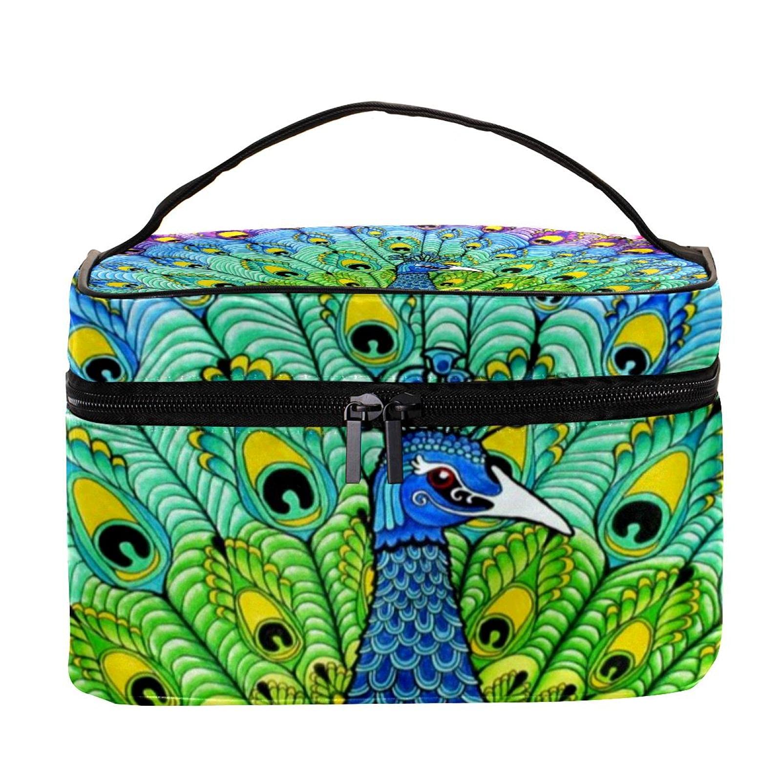 Peacock Feathers Pattern Large Travel Makeup Bag - Waterproof Cosmetic Organizer with Zipper for Women & Girls | Perfect for Vacation, Gym, Work & Daily Essentials Storage