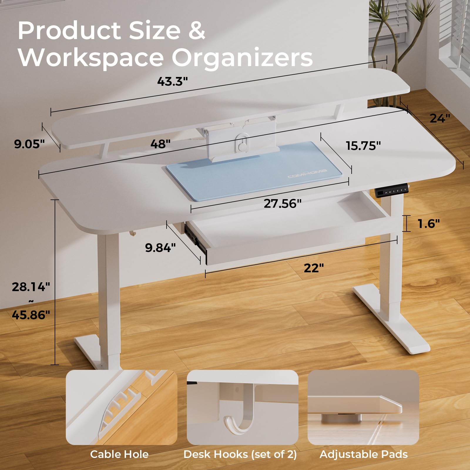 COMHOMA 48 x 24 Inch Electric Height Adjustable Standing Desk with Drawers - Ergonomic Sit Stand Workstation with Monitor Stand & Memory Preset Controller - Perfect for Home Office, Gaming Setup and Remote Work