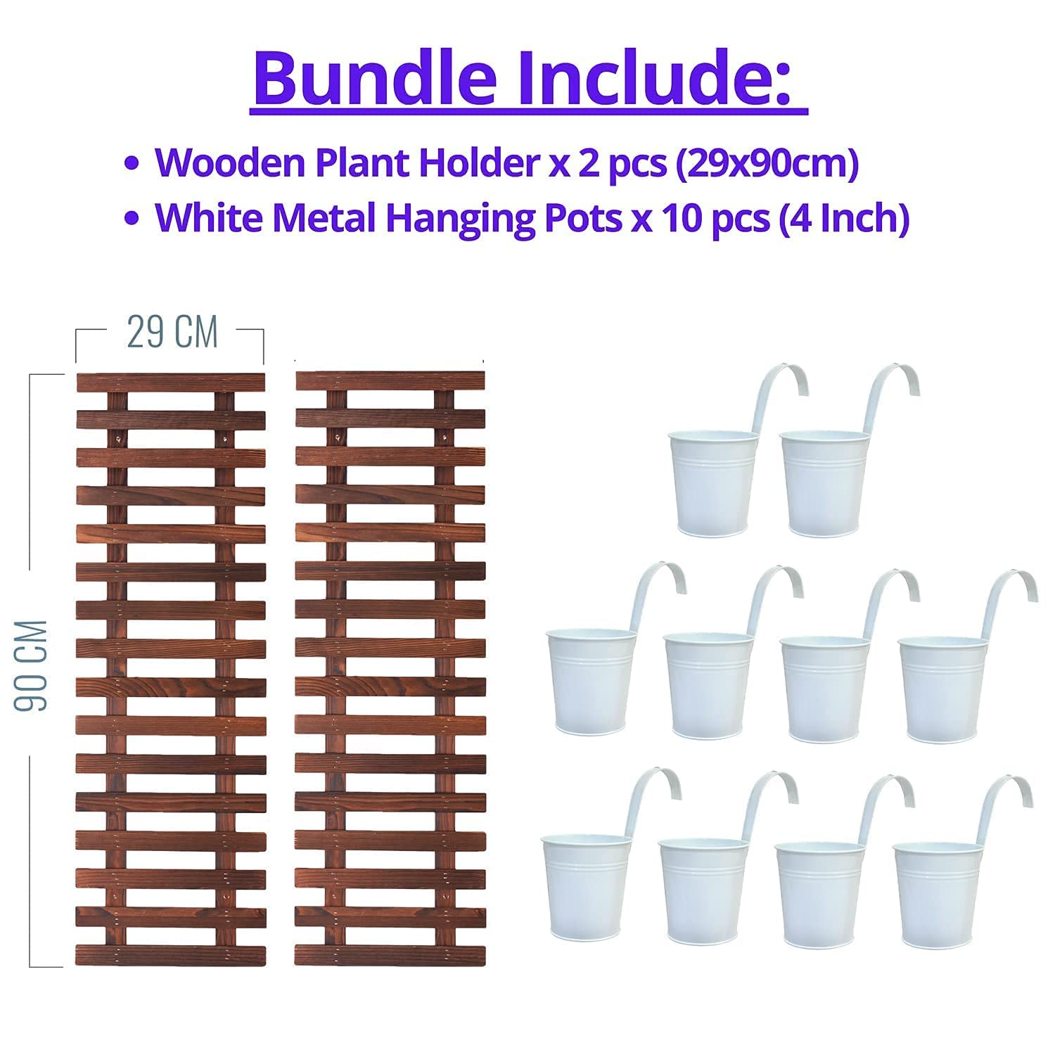4 Inch Metal Hanging Pots with 2 Wooden Plant Holders - Vertical Garden Kit for Herbs, Flowers & Indoor Plants | Perfect for Balcony, Patio, Kitchen & Home Decor (White)