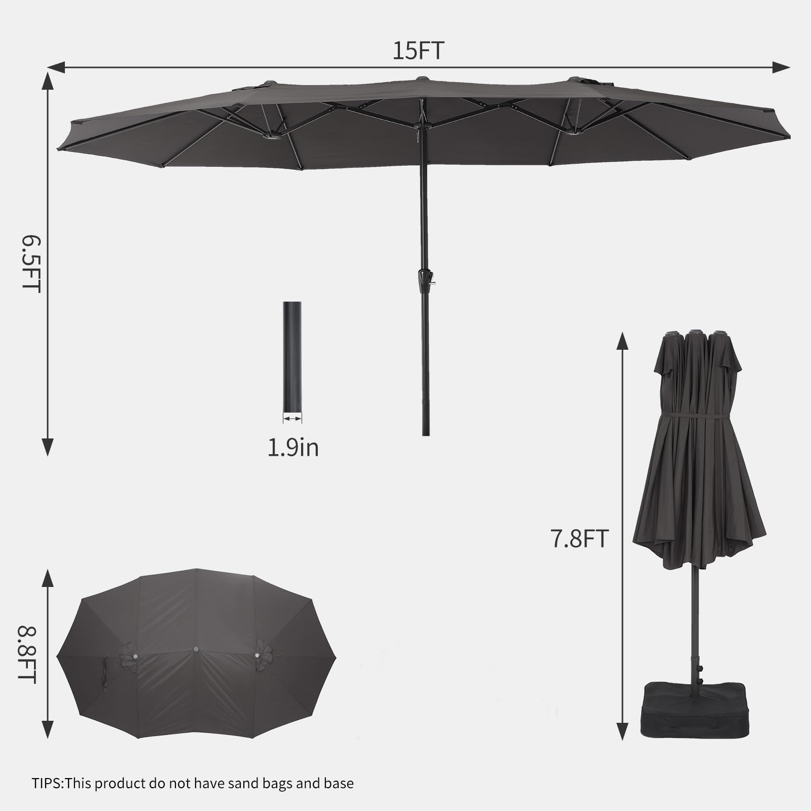 GARVEE 15FT Double-Sided Outdoor Patio Umbrella with Crank Handle - Extra Large Market Umbrella with 12 Rib Sturdy Metal Frame & Air Vents - Perfect for Backyard, Deck, Poolside, and Outdoor Dining Areas - Grey