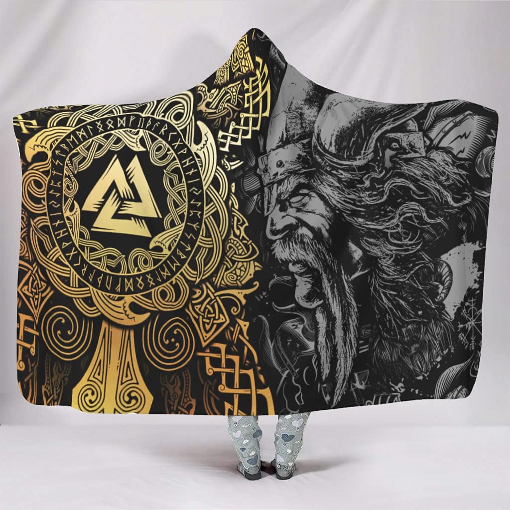 Viking Odin Runes Hooded Blanket - Extra Soft Sherpa Fleece Wearable Blanket for Women & Men - Warm Cozy Plush Throw (60x80 inches, White) - Perfect for Camping, Movie Nights & Winter Lounging