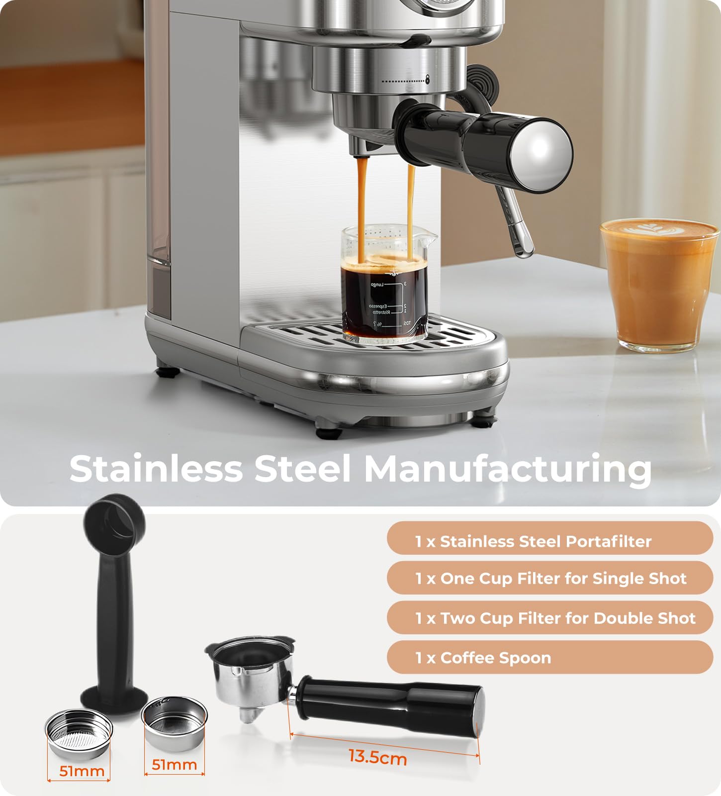 Professional 20 Bar Espresso Machine with Milk Frother - Compact Stainless Steel Coffee Maker for Cappuccino & Latte - Perfect Gift for Coffee Lovers (Silver) | Ideal for Home, Office & Coffee Shops