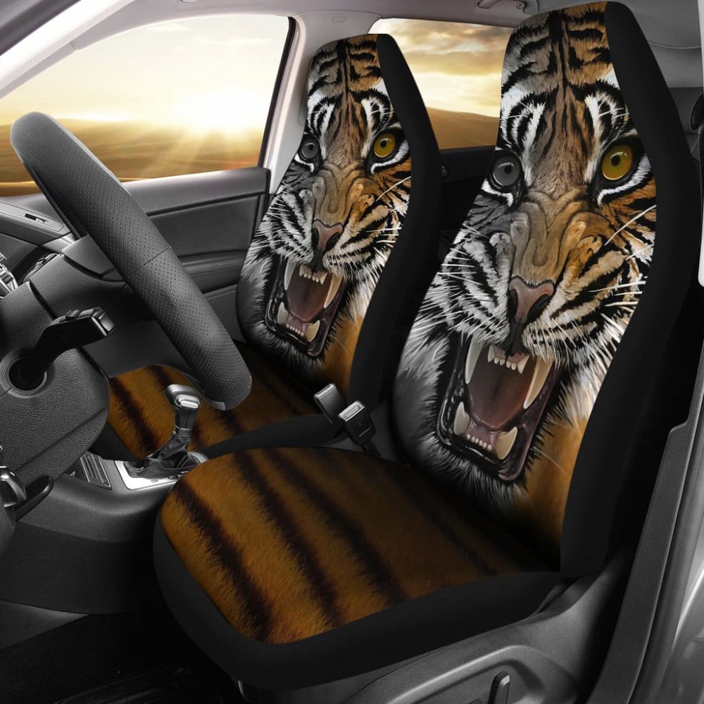 Angry Tiger Roaring Car Seat Covers 212204 - Premium Universal Fit for Cars, Trucks & SUVs - Wild Animal Print Auto Accessories for Stylish Protection