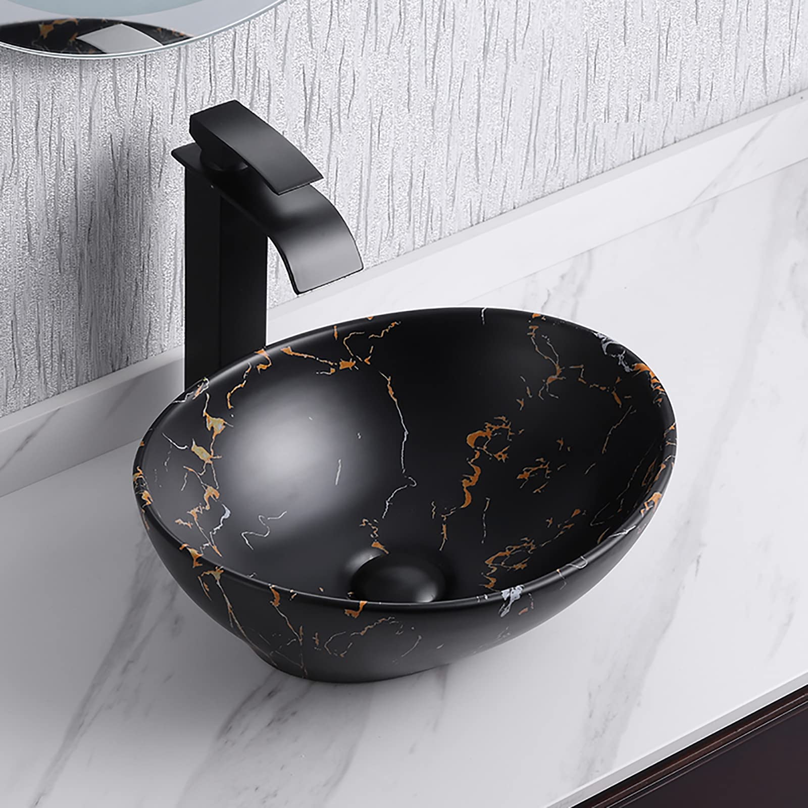 Davivy 16'' Matte Black Oval Vessel Sink - Ceramic Countertop Bathroom Sink for Modern Vanities