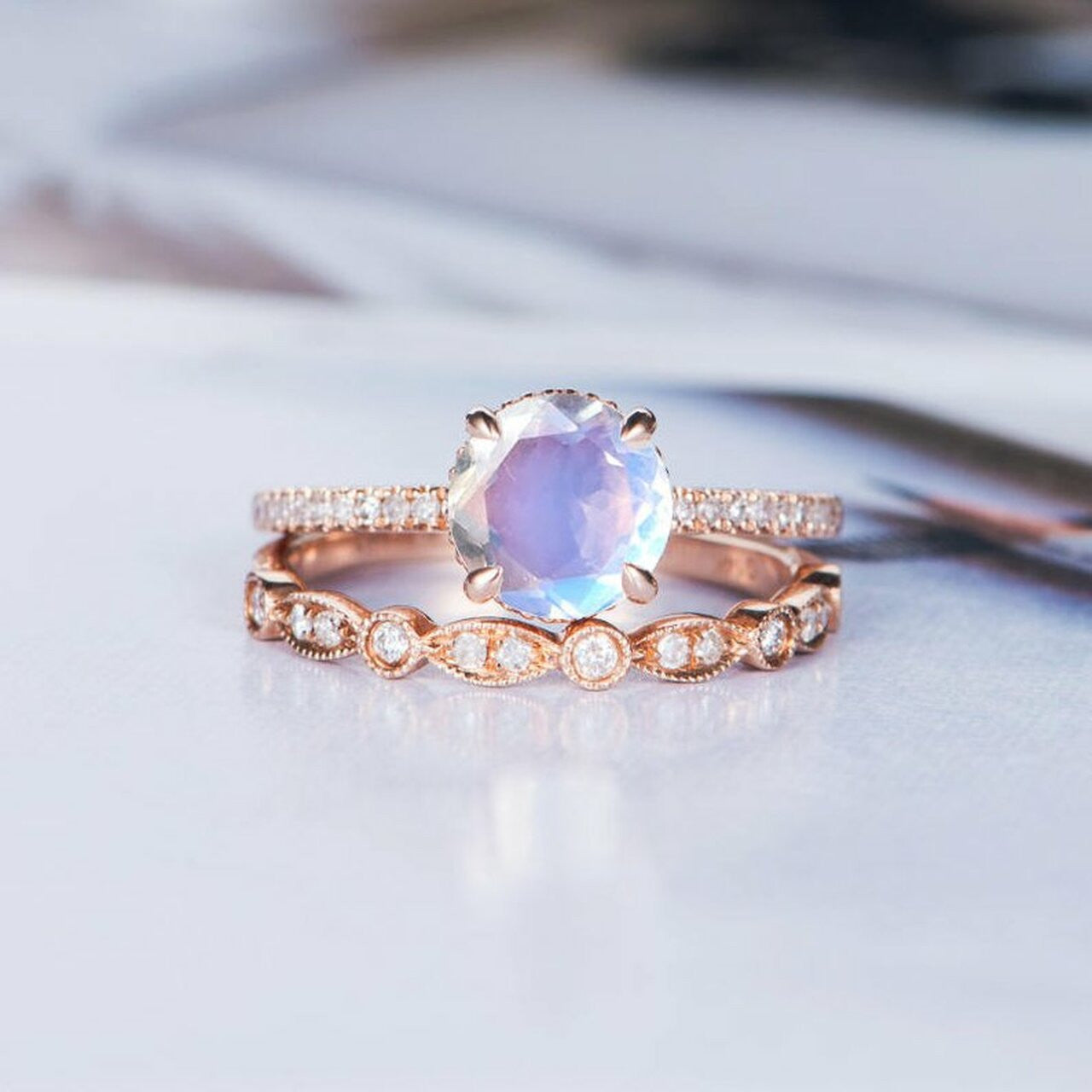 Vintage Rainbow Moonstone Diamond Rose Gold Engagement Ring Set - 2 Piece Bridal Jewelry for Wedding, Proposal & Anniversary Gifts