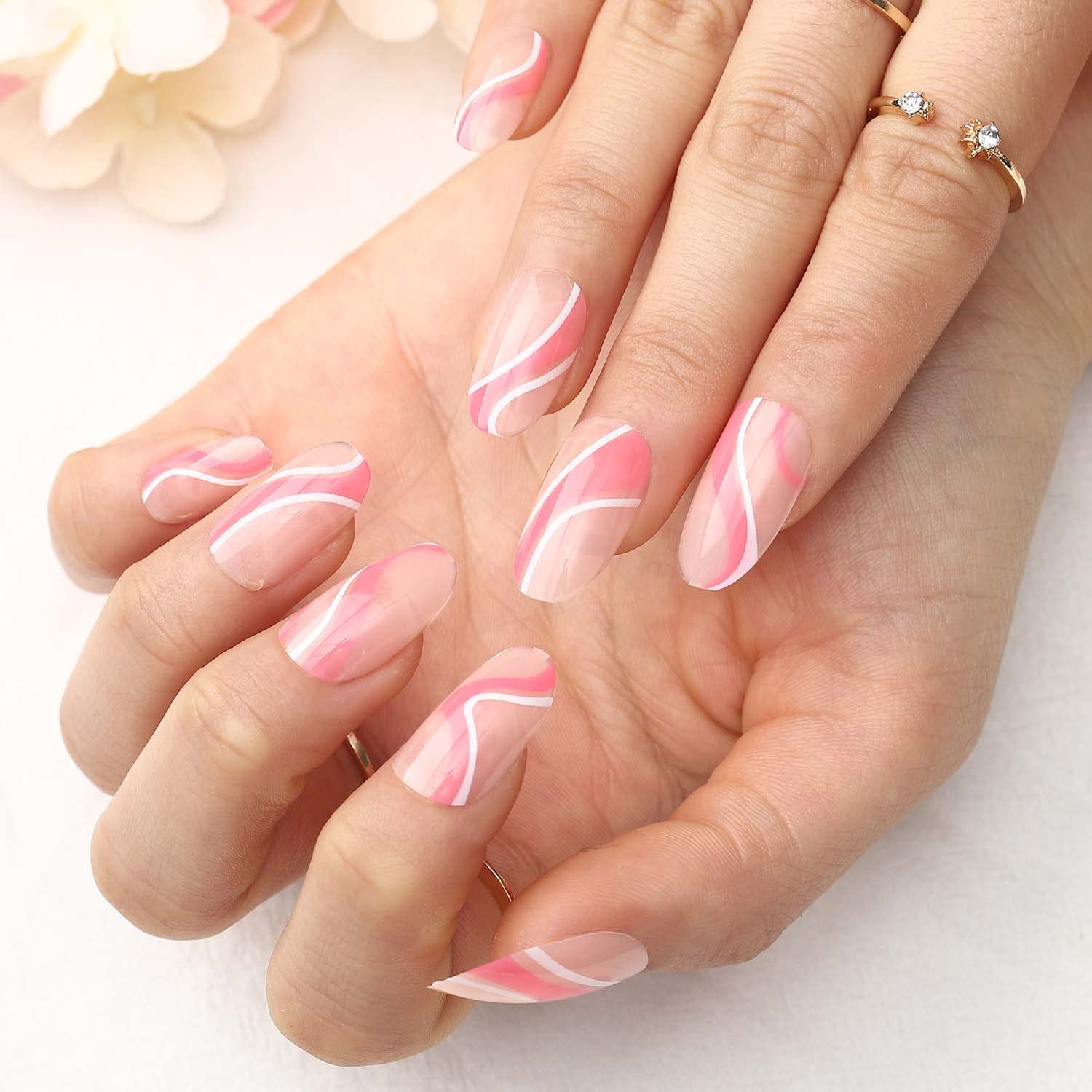 Elegant Abstract Line Press on Nails - Almond Medium French Fake Nails with Glossy Pink Design - 24Pcs Full Cover Artificial Nails for Women & Girls - Perfect for Parties, Weddings, and Daily Fashion