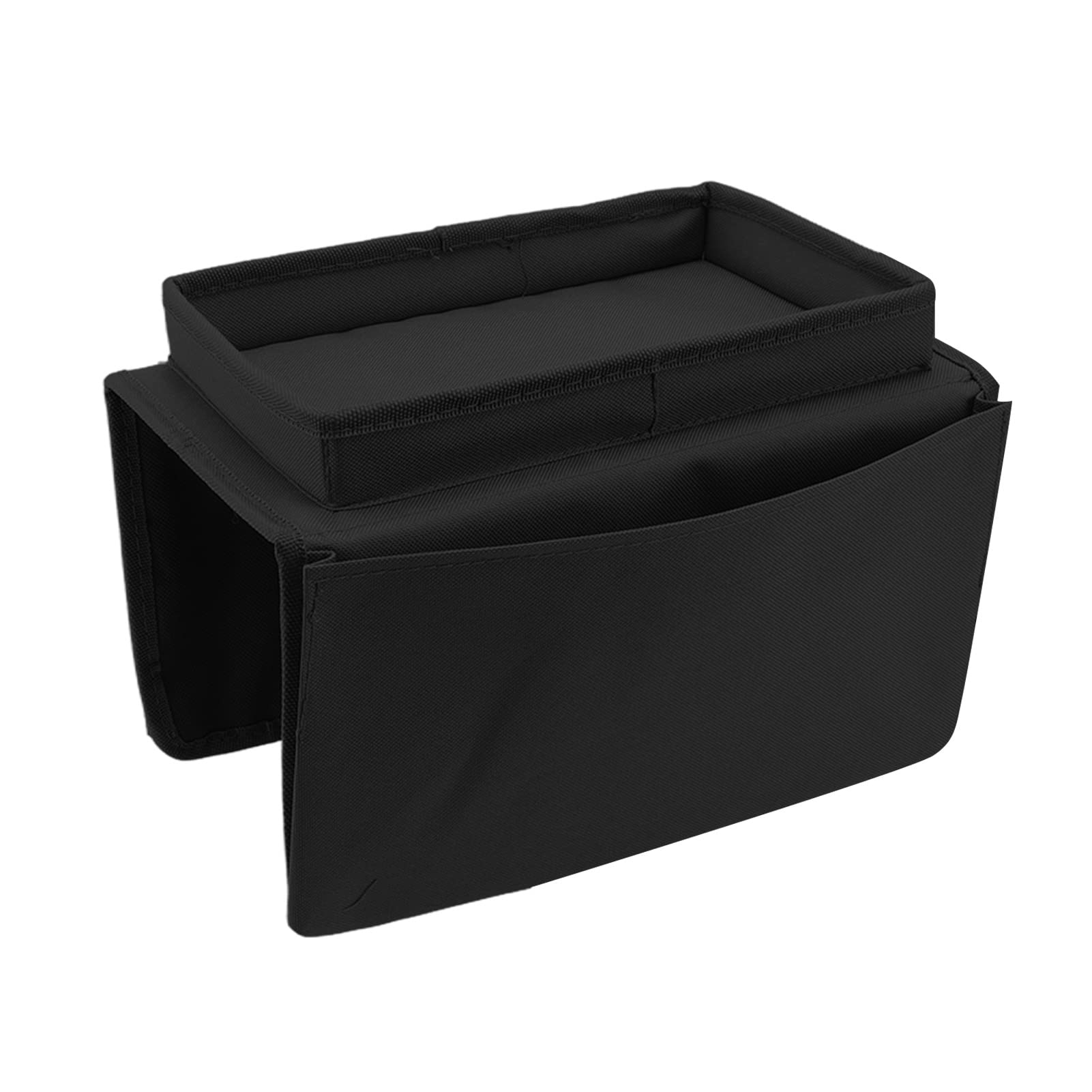 Foldable Sofa Arm Table with Storage - 600D Oxford Cloth Side Pockets - Couch Tray Holder for Snacks, Drinks & Remote Control - Perfect for Living Room, Bedroom & Home Theater (Black)
