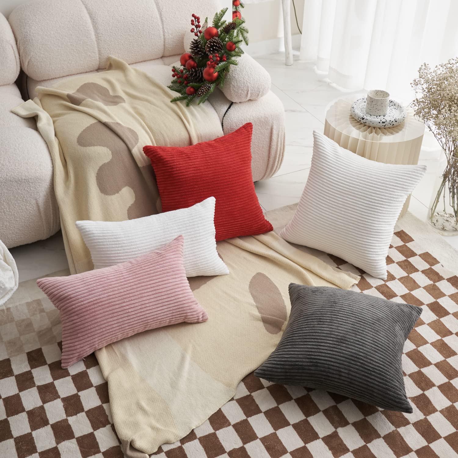 Demetex 26x26 Inch White Corduroy Decorative Pillow Covers Set of 2 - Striped Euro Shams for Couch, Sofa, Bed - Perfect for Party, Wedding & Home Decor