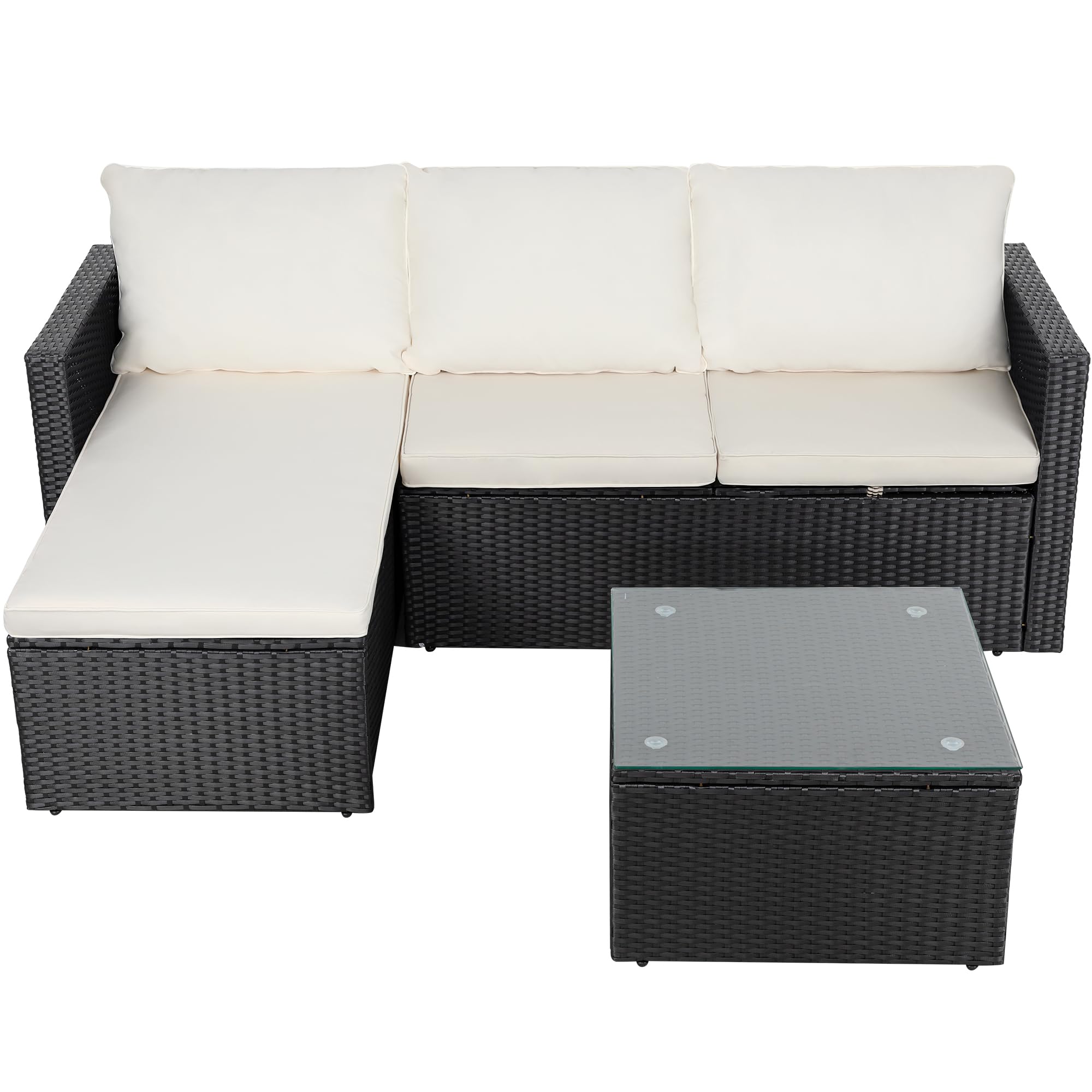 Shintenchi 3-Piece All-Weather Wicker Patio Furniture Set - Outdoor Sectional Sofa with Glass Coffee Table & Cushions (Beige) | Perfect for Backyard, Garden, Poolside & Balcony Relaxation