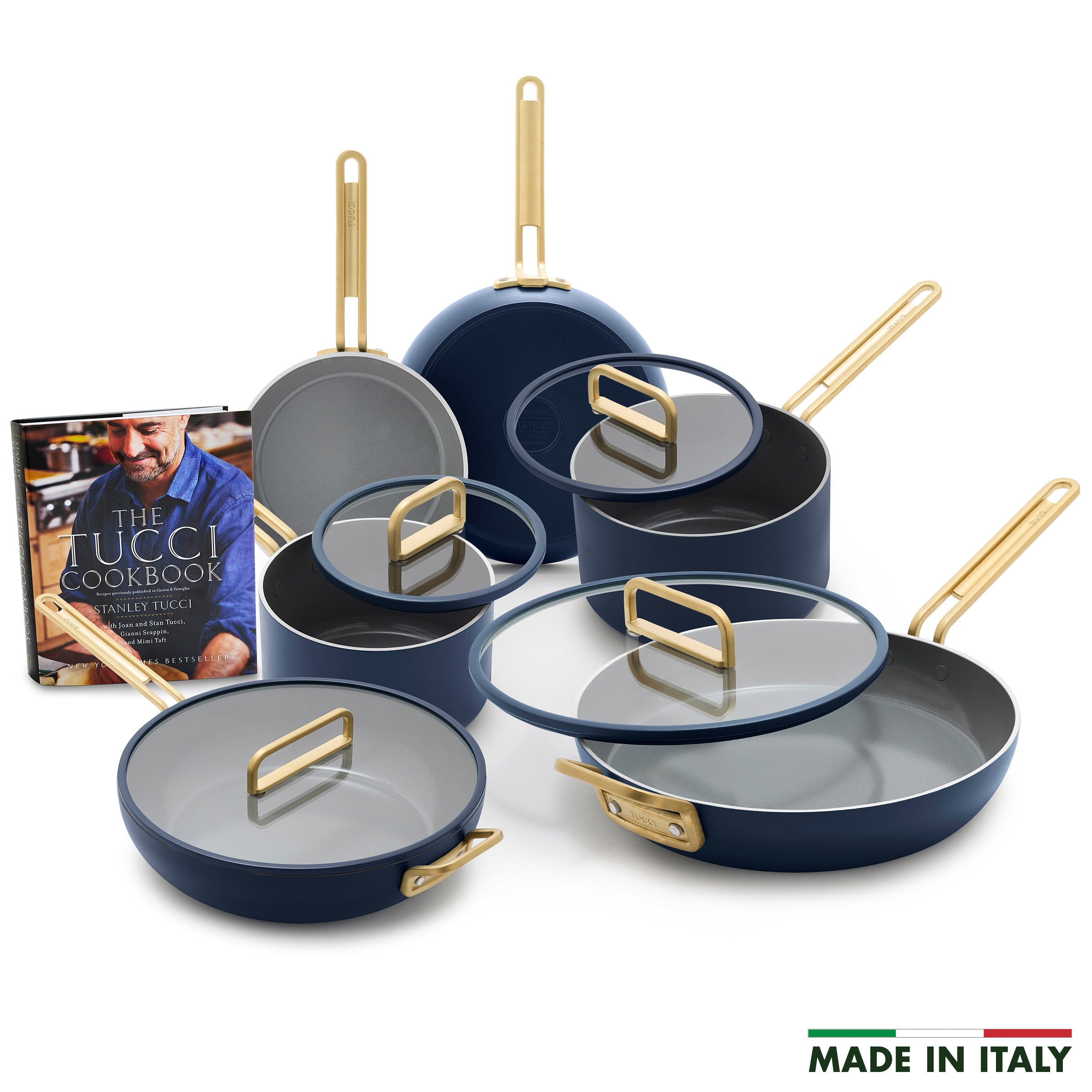 Stanley Tucci™ 10-Piece Ceramic Nonstick Cookware Set with Free Cookbook | Marino Blue | Perfect for Everyday Cooking, Baking & Entertaining