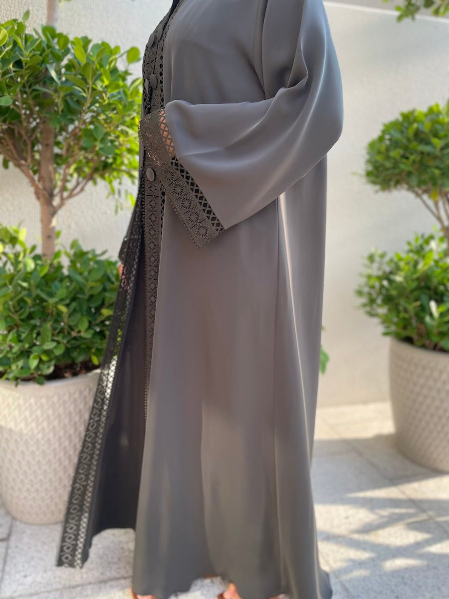 Elegant Grey Open Abaya with Lace Cuffs & Button Detailing - Modest Muslim Dress for Women, Perfect for Prayer, Mosque & Special Occasions