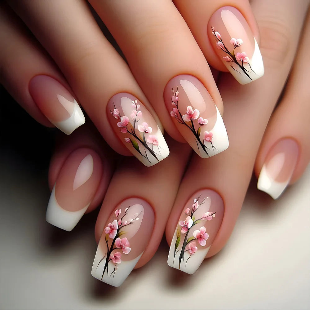 24Pcs Blue French Fake Press On Nails - Medium Length Square Ballet False Nails with White Floral Design, Ready to Wear Artificial Nail Set for Parties, Weddings & Special Occasions