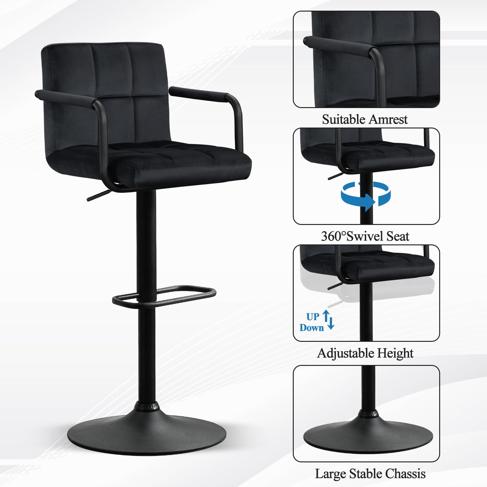 Adjustable Bar Stools with Back - Set of 2 Black Velvet Swivel Bar Stools, 360° Rotation & Double Stitching - Modern Counter Height Stools for Kitchen, Bar, Dining Room & Home Decor
