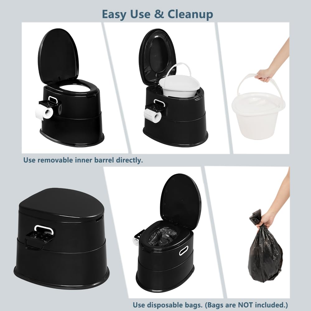 VINGLI Portable Toilet for Camping & Travel - Lightweight Compact Commode with Detachable Inner Bucket & Removable Paper Holder - Indoor Outdoor Toilet for RV, Boat, Van, Emergency, Hiking & Road Trips (Black)