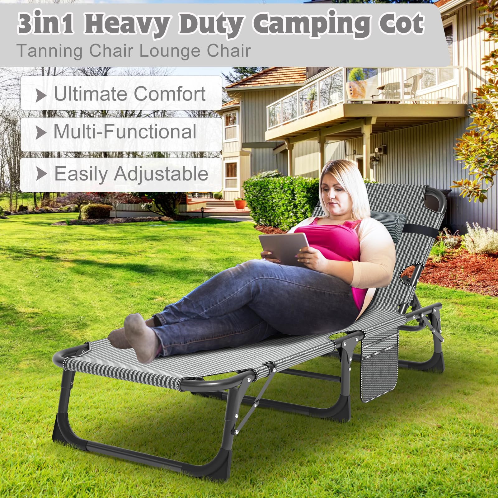 ABORON 5-Position Adjustable Camping Cot for Adults - Portable Folding Sleeping Cot & Outdoor Lounge Chair with Pillow - Perfect for Beach, Lawn, Camping, Poolside & Sunbathing