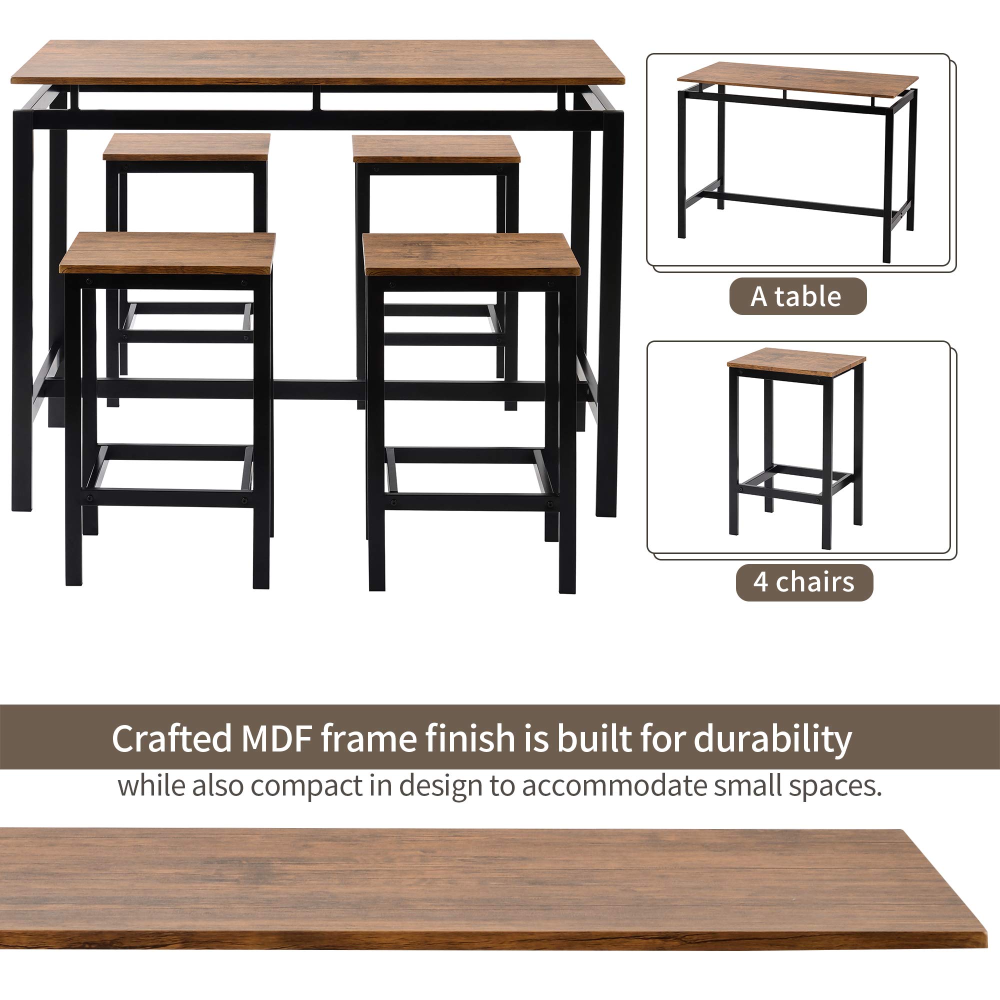 5-Piece Industrial Kitchen Dining Table Set with Chairs for 4 - Counter Height Bar Table Set in Brown for Breakfast Nook, Dining Room & Kitchen | Perfect for Small Spaces & Modern Home Decor