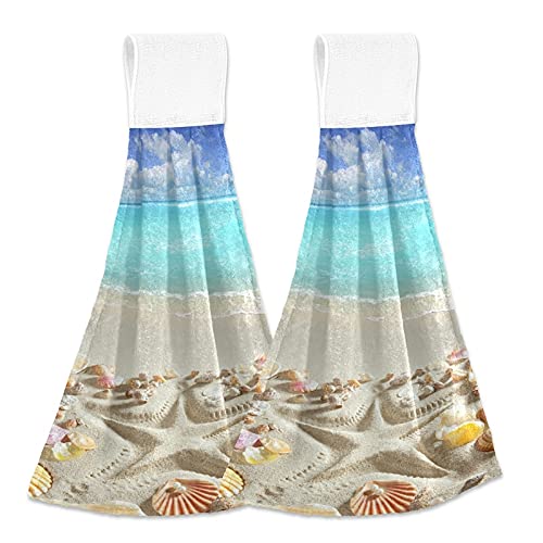 Hanging Towels 2 Pack - Beach Sand Starfish Tropical Sea Design for Hand, Face, Hair, Gym, Yoga, Dishcloth, Kitchen, and Bath - Perfect for Home, Travel, and Outdoor Adventures