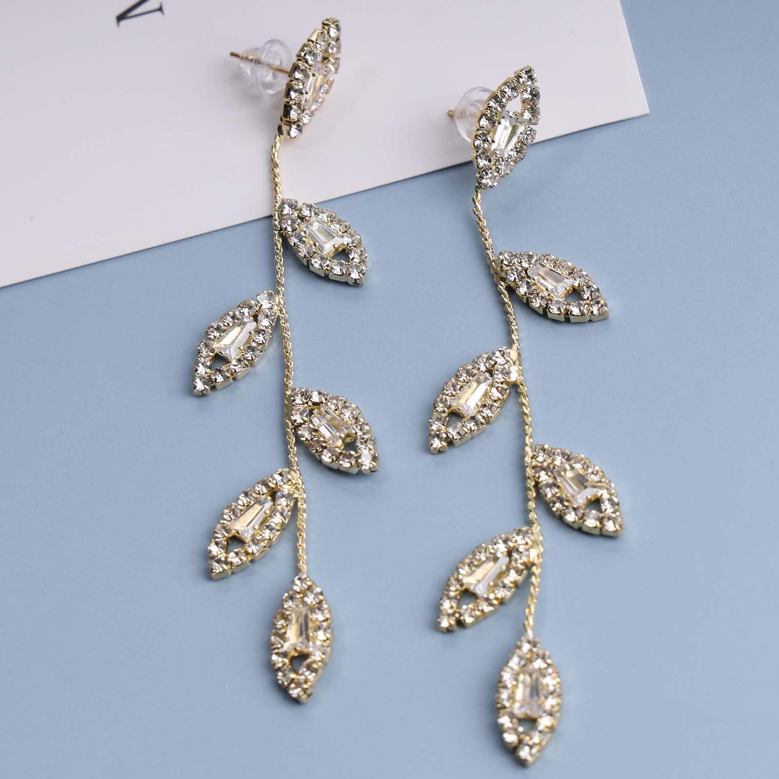 Crystal Leaf Drop Earrings - Gold CZ Tassel Dangle Earrings for Women | Elegant Wedding & Party Jewelry | Perfect for Bridal, Prom, and Special Occasions