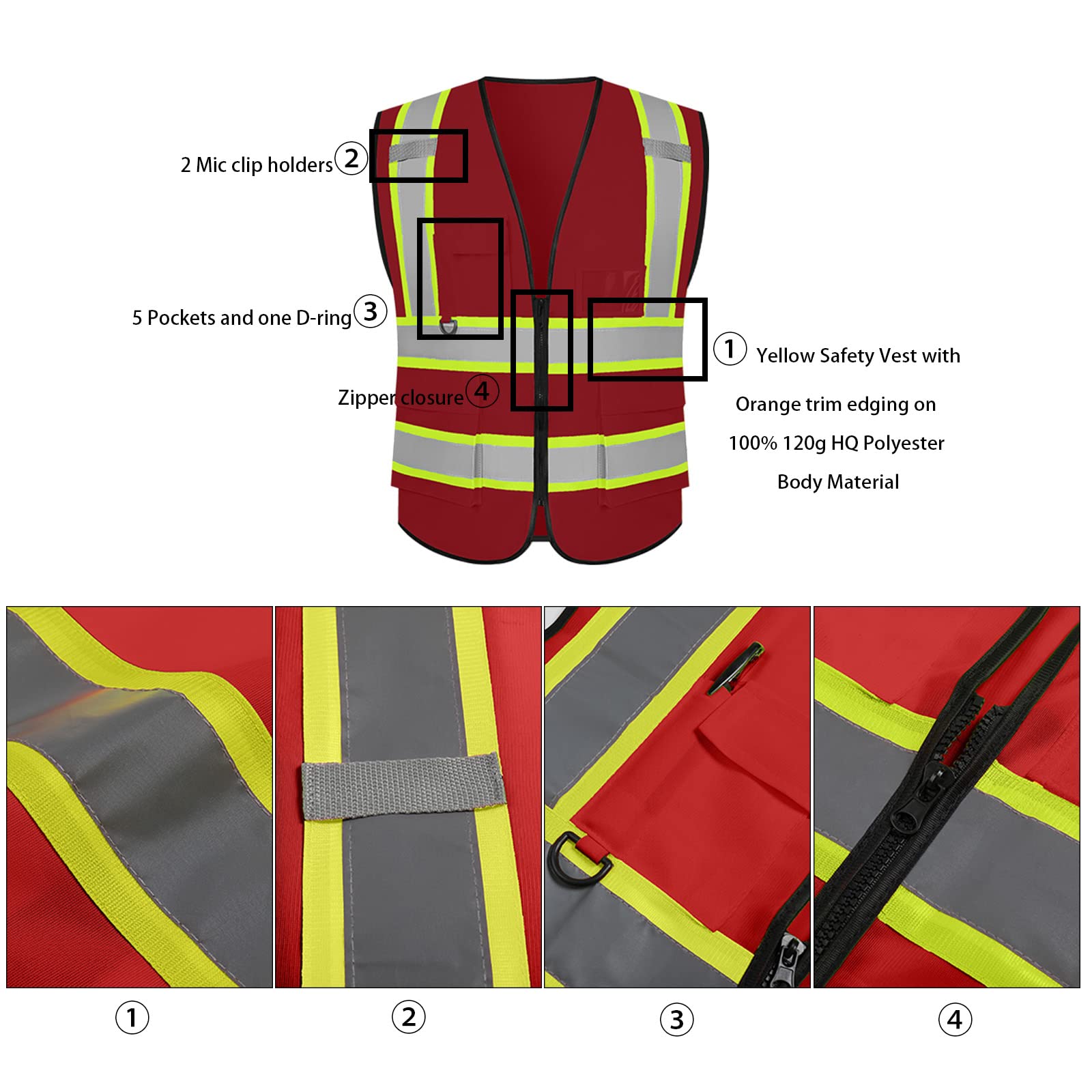 Custom Logo Class 2 Reflective High Visibility Safety Vest - 5 Pockets & Zipper - Red Small (1 Pack) - Ideal for Construction, Road Work & Emergency Responders